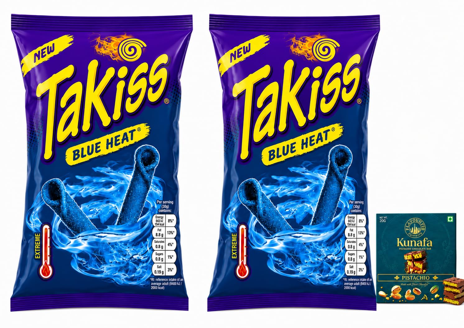 Takiss Blue Heat Extreme Spicy Rolled Tortilla Chips (Pack of 2) 100g Each With Free Flavourito Kunafa Pistachio Chocolate Bar, 20g By Decadent Foods (Imported UK)-image-4