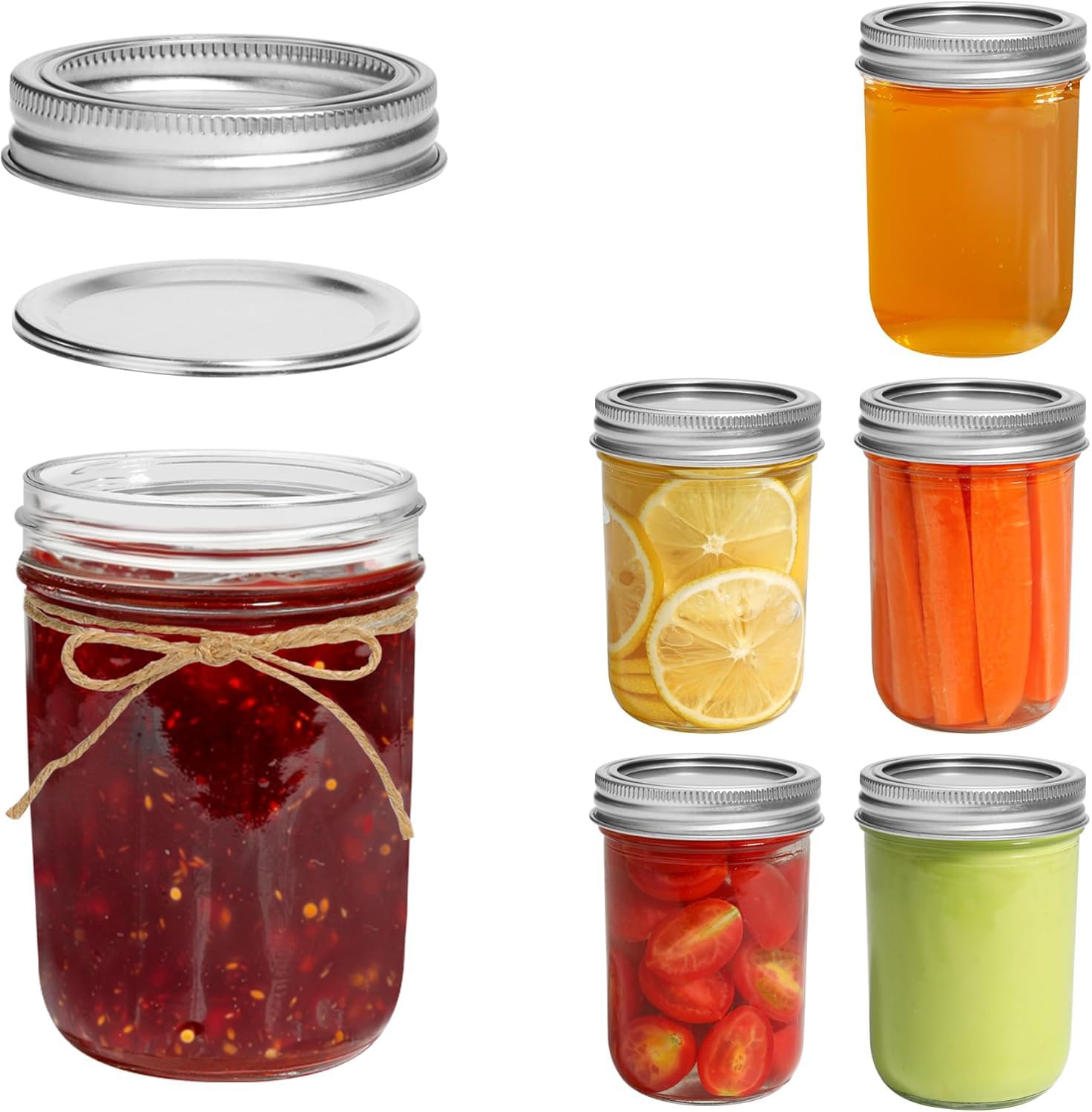8 oz 6 Pack Mason Jars With Lids And Labels- Wide Mouth Glass Canning Jars, Airtight Storage Jars For Overnight Oats, Salads, Sourdough Starter, And More-Includes Measurement Marks And Bands