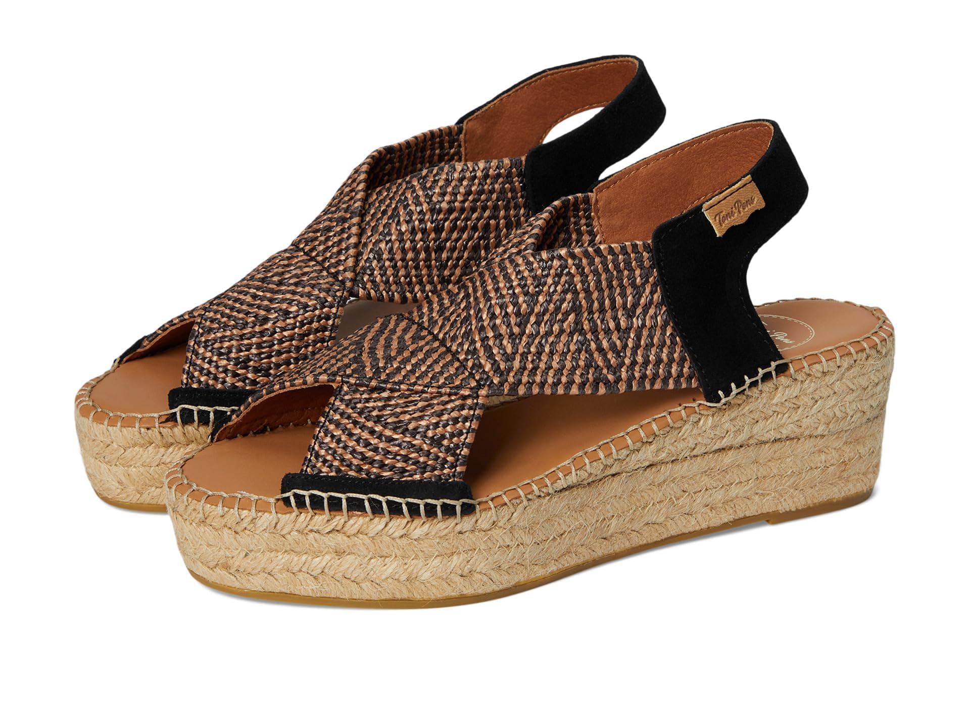 TONI PONS - Sandalia de piel con tiras,cuña de esparto,plataforma,suela de goma,planta de gel, para: Mujer color: NEGRO talla:36