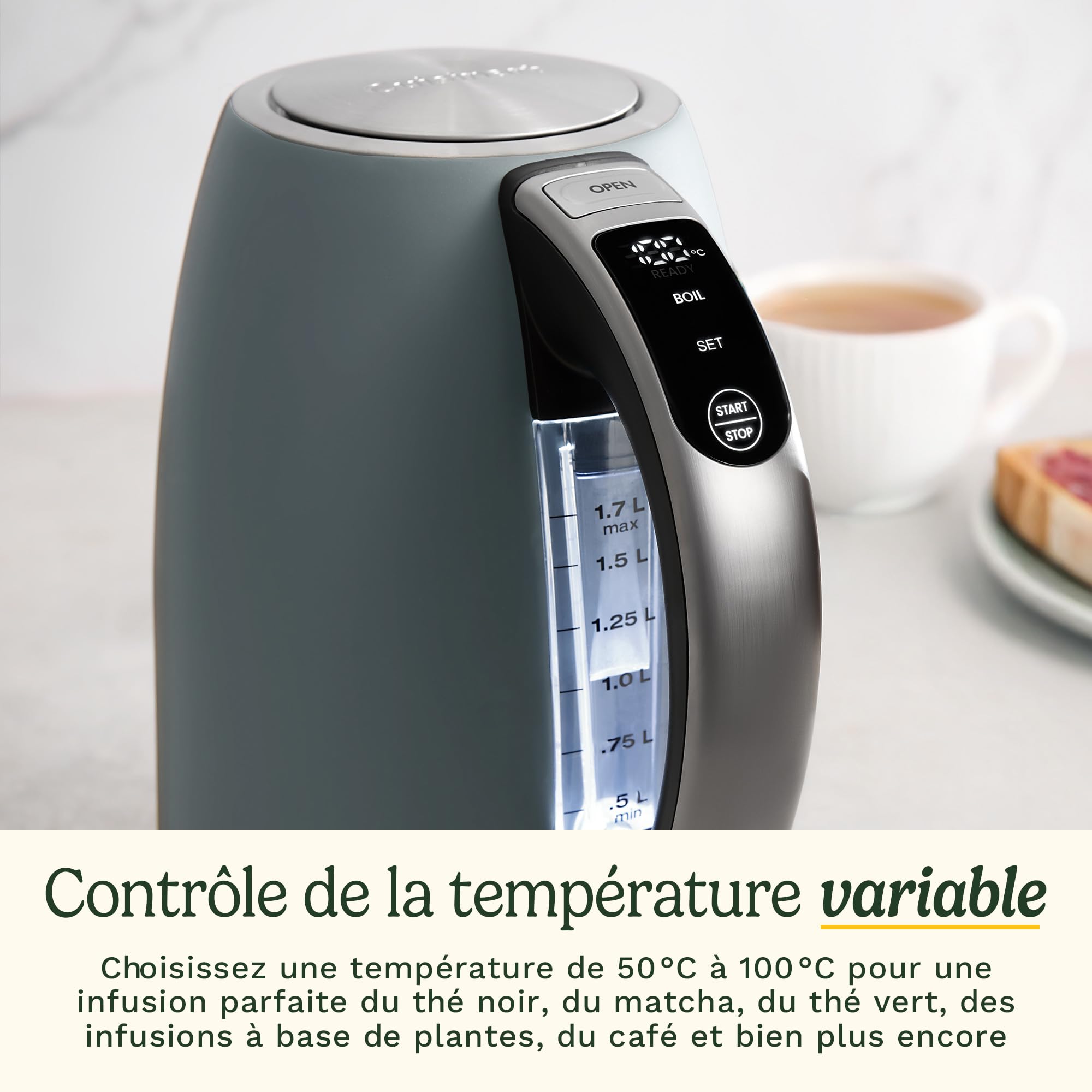 Cuisinart Bouilloire électrique SmartElite 1,7 L Denim | Température Réglable 50–100 °C | Écran Numérique | Ébullition Rapide 3 kW | Filtre Anticalcaire Lavable | Bec Verseur