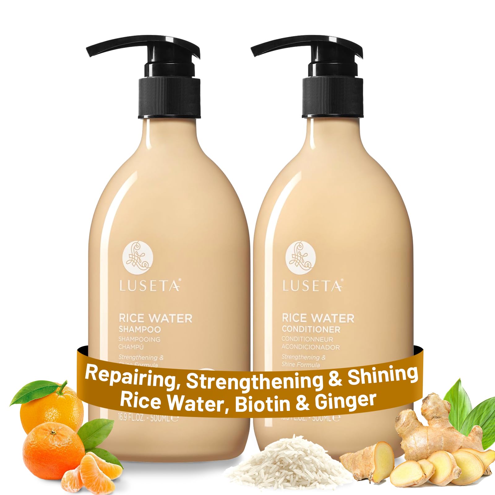 Luseta Rice Water Shampoo and conditioner Set Strengthening & Nourishing Revitalizes Shine for All Hair Types Hydrating & Frizz Control for Women and Men 16.9oz*2