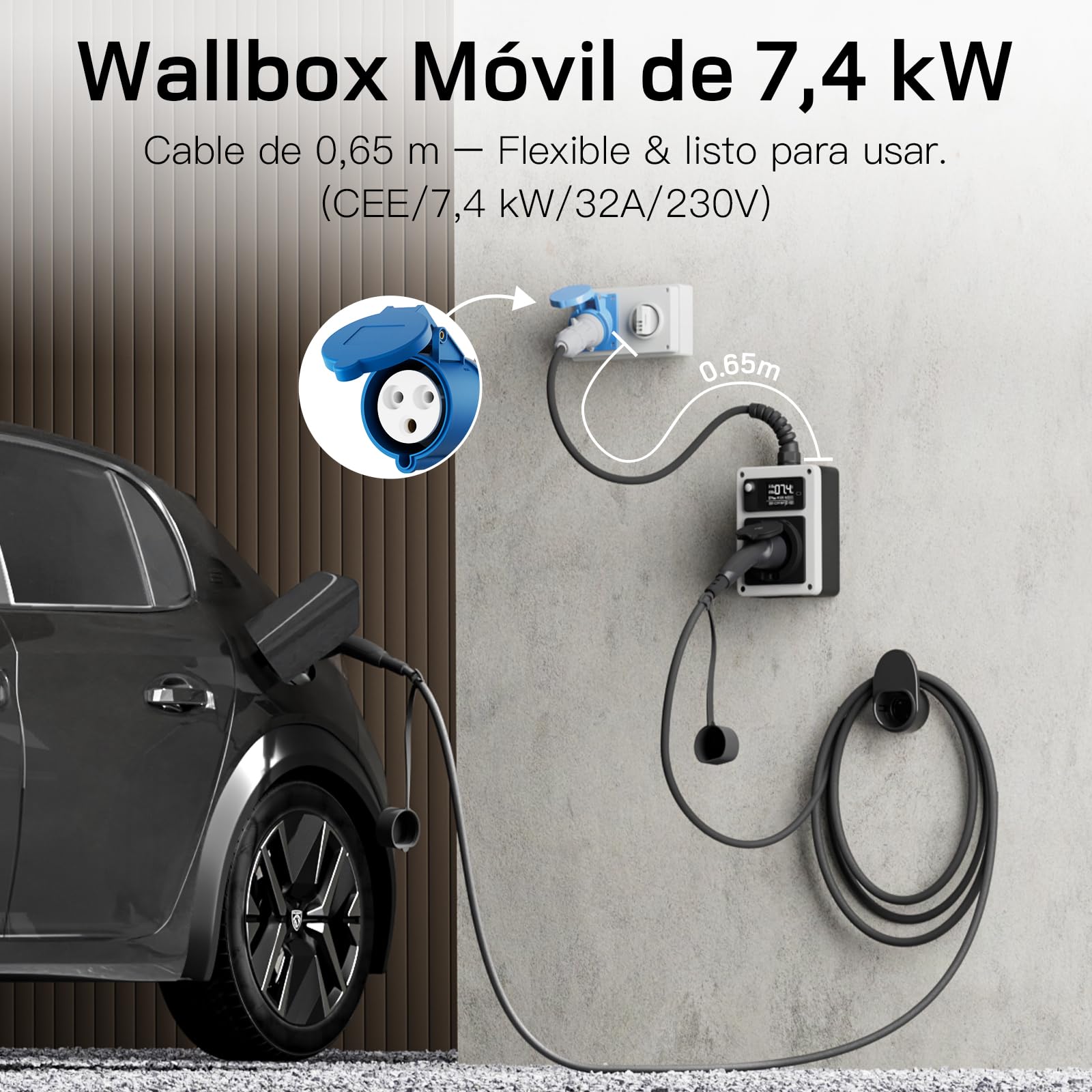 dé Wallbox 7,4 kW Monofásico [6–32A, con App y Wi-Fi], Estación de Carga EV con Enchufe CEE y Tarjeta RFID, para Model Y/3, GLC, A250 y Otros Vehículos Eléctricos y PHEV