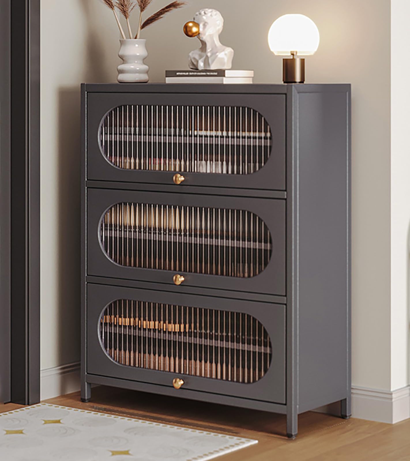 Rangement pour chaussures autoportant robuste avec trois grands compartiments coulissants