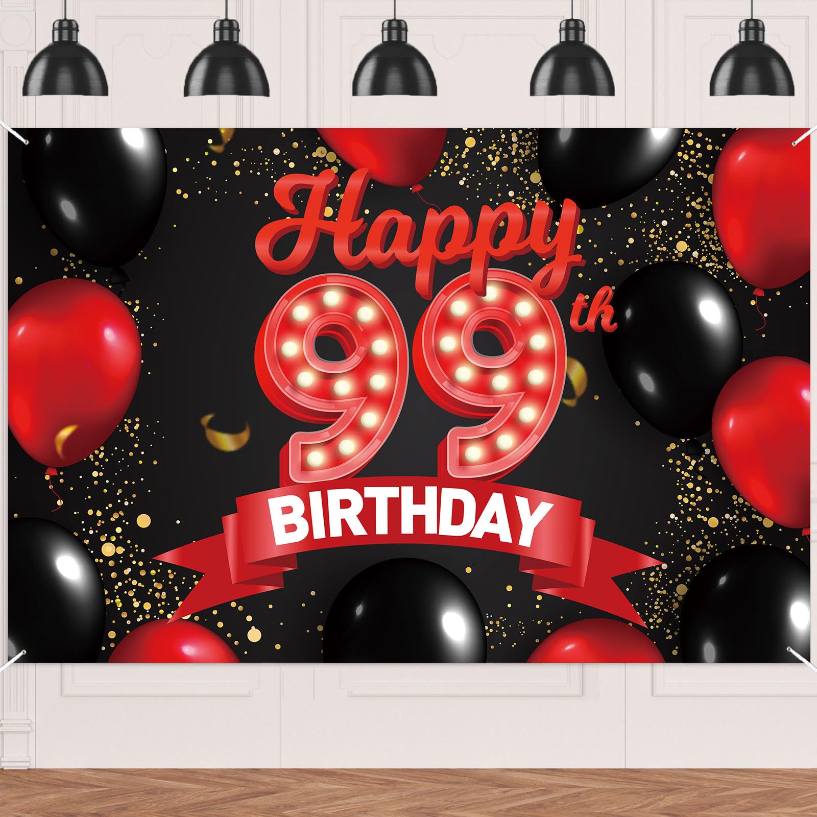 NhRBn99 Happy Birthday Banner Happy 99th Birthday Red and Black Banner Backdrop Decorations Balloons Theme Decor for Girls Women Princess 99 Years Old Birthday Party Bday Photo Booth Props Supplies