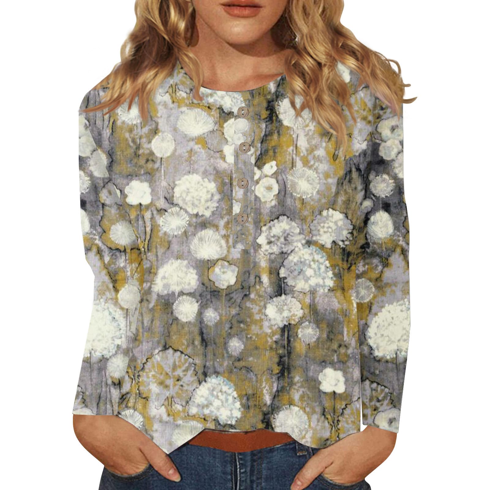 Long Sleeve Shirts for Women Trendy Summer Tops,Dressy Casual Crewneck Graphic Tees 2023 Floral Button Down Blouses