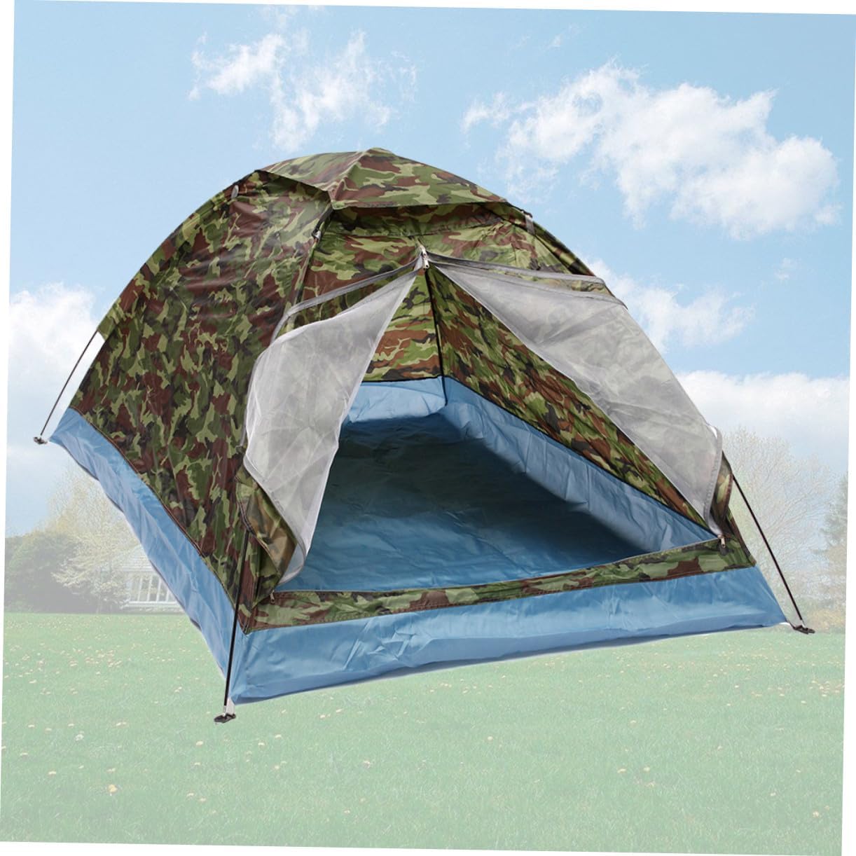 Camouflage Double Person Outdoor Tent Single Layer with Mesh Door Lightweight Portable Family Beach Camping Tent for Hiking Picnic Fishing