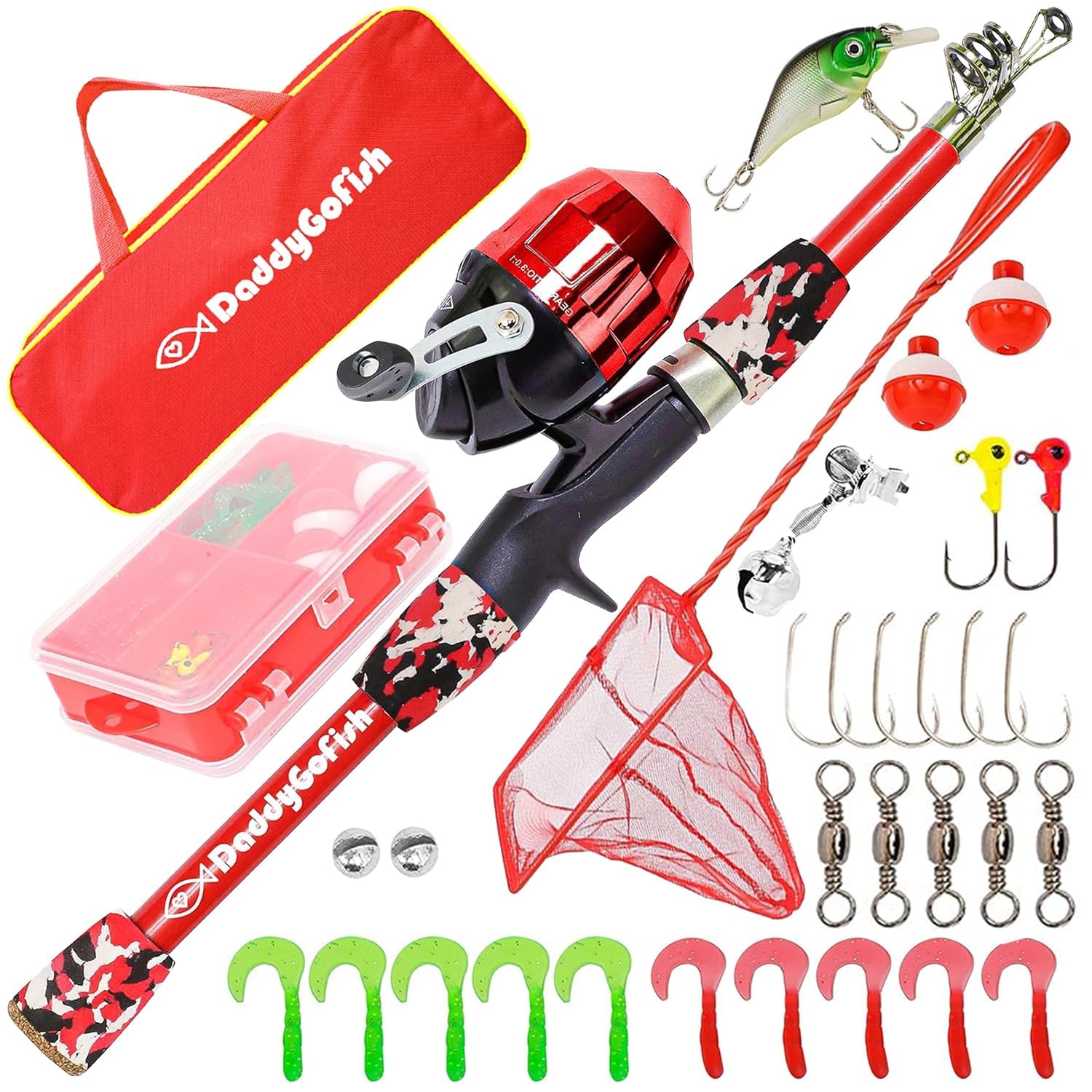 DaddyGoFish Kids Fishing Pole - Rod Reel Combo Tackle Box Starter Set - First Year Small Gear Kit for Boys Girls Toddler Youth Age Beginner Little Children (Essential Set, Red, 4ft)