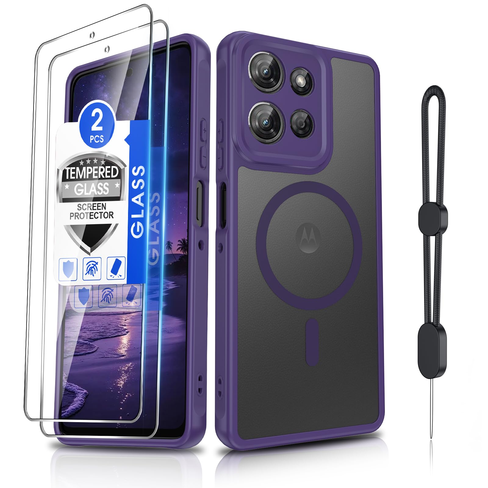 Dizn Compatible for Moto G Power 2025/2026 Phone Case, [Mag-Safe Fit] with Tempered Glass Screen Protector, Matte &amp; Shockproof Magnetic Protective for Funda Moto G Power Phone 2025/2026, Purple