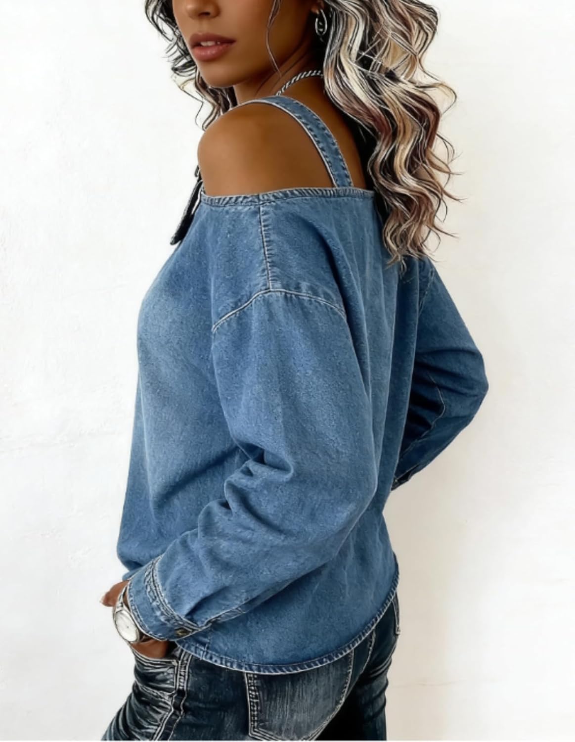 Women's Off The Shoulder Tops Adjustable Straps Cowboy Shirt Long Sleeve Sexy Casual Buckle Strap Denim Tops