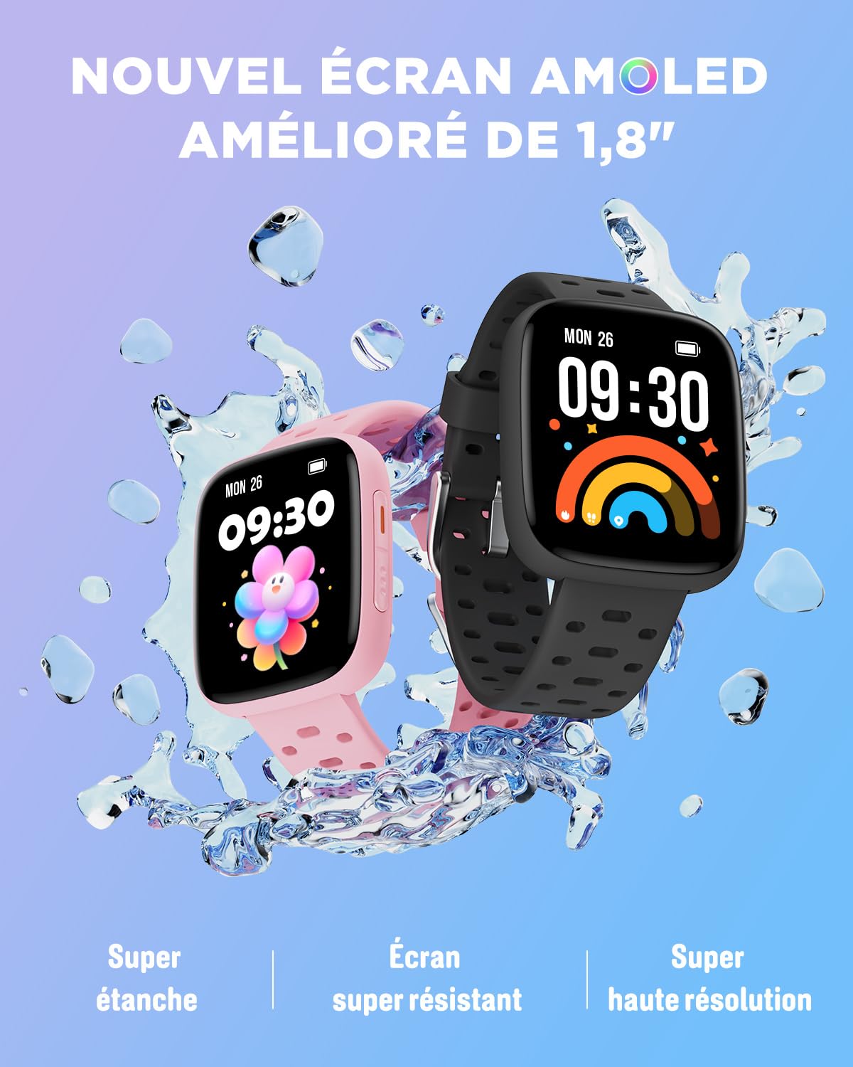 BIGGERFIVE Montre Enfant Connectée ou Non, 1,8" Amoled Smartwatch Podomètre | Cardiofrequencemètre, 30m Étanche, Moniteur de Sommeil, Jeux de Puzzle, 100+ Cadrans pour Garçons Filles Ados 5-16, Noir