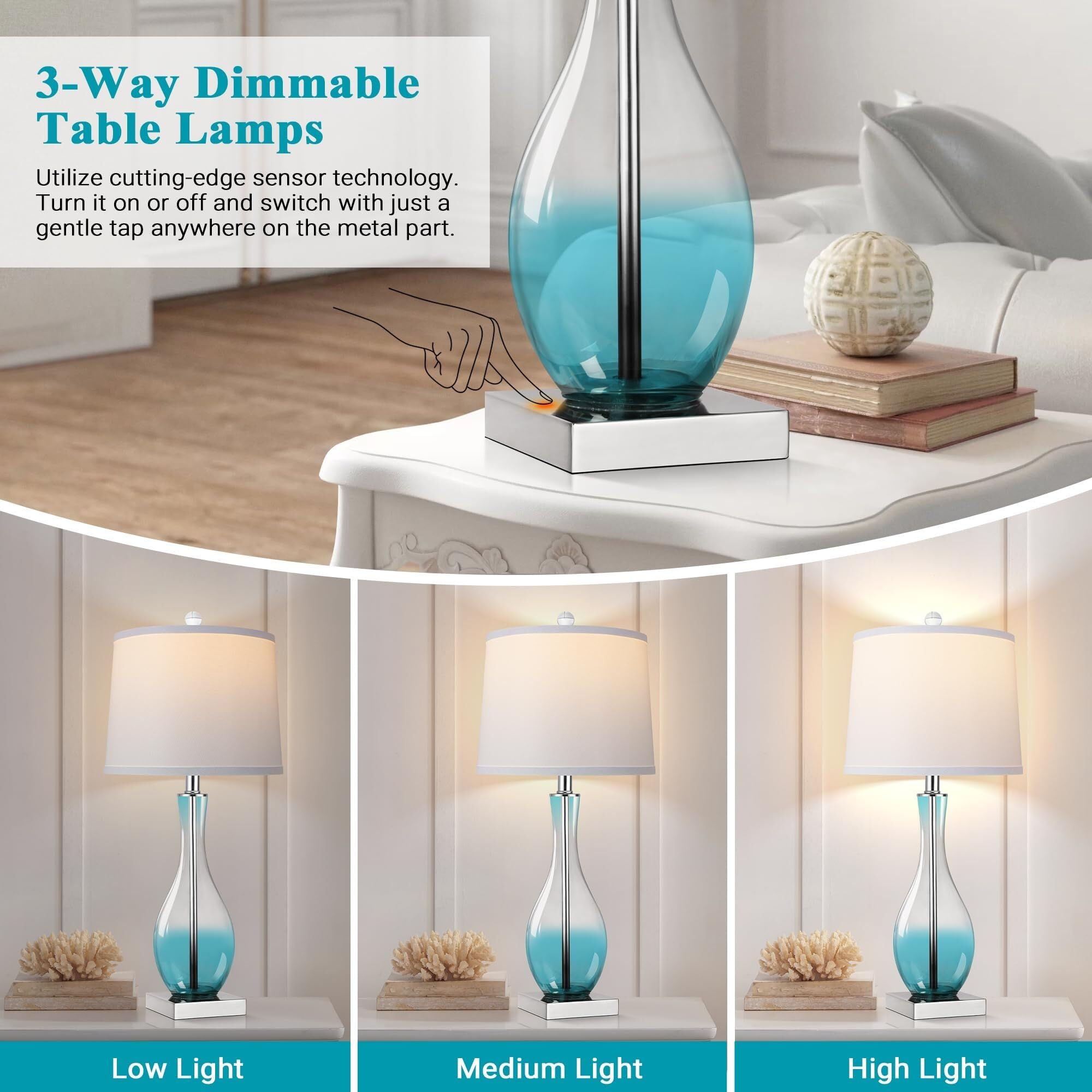 CCXXYGWJ Lampada da Tavolo in Vetro da 27" con Controllo Touch, Confezione da 2, Doppie Porte di Ricarica, Decorazione per Comodino, Adatta per Soggiorno, dormitorio, Ufficio (Verde)