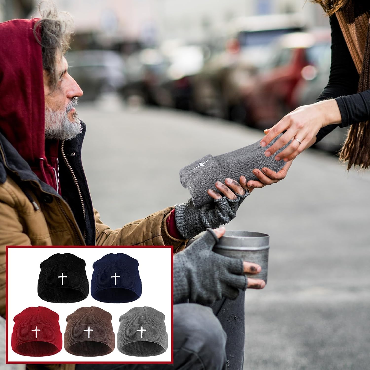 Coume Christian Cross Beanie Hats Homeless Donation Jesus Cuffed Skull Cap Warm Beanies for Men Women Church Winter Gifts