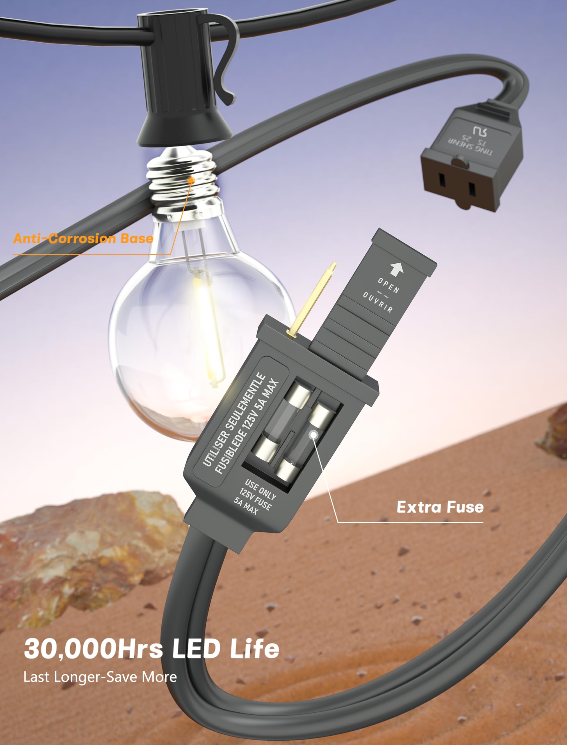 G40 - Tira de luces LED para exteriores, impermeable, inastillable, 25 pies, luces de globo para exteriores con 25 luces LED de plástico transparente para cafetería, bistró, porche, pérgola 3