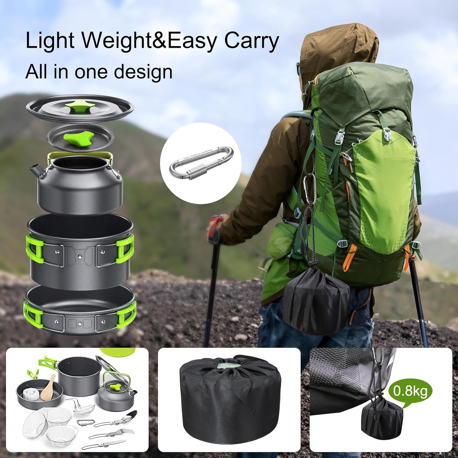 Set Pentole da Campeggio,2-3 Persone Set Stoviglie Campeggio,Portatile Ultraleggero 14-in-1 Kit Camping Cookware con Padelle Piatti Ciotole per Cucina per Barbecue,Campeggio, Arrampicata,Trekking