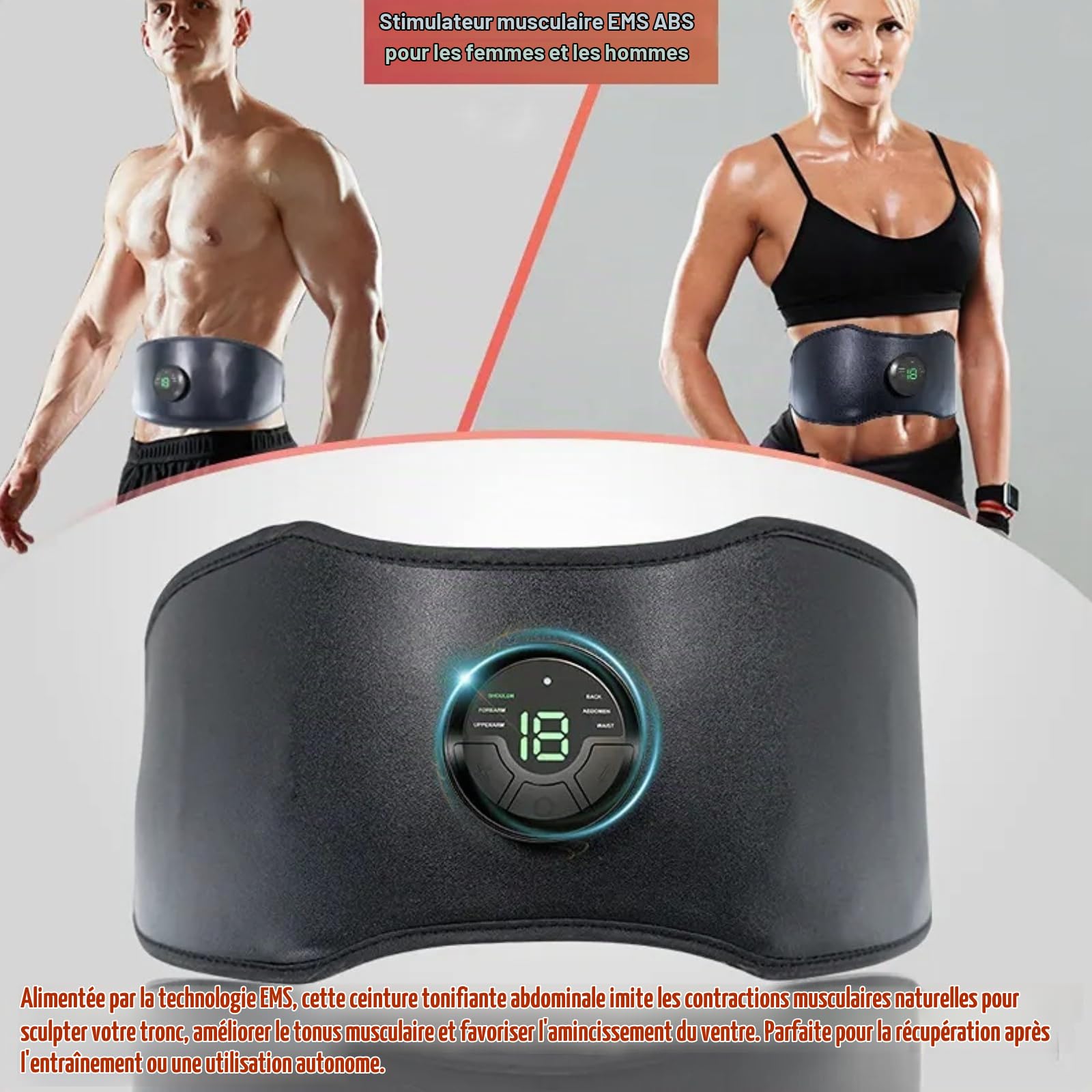 Ceinture d'électrostimulation musculaire EMS pour abdominaux et ceinture abdominale | 6 modes, 18 niveaux d'intensité, ceinture abdominale réglable de 118 cm | Appareil de fitness rechargeable par USB