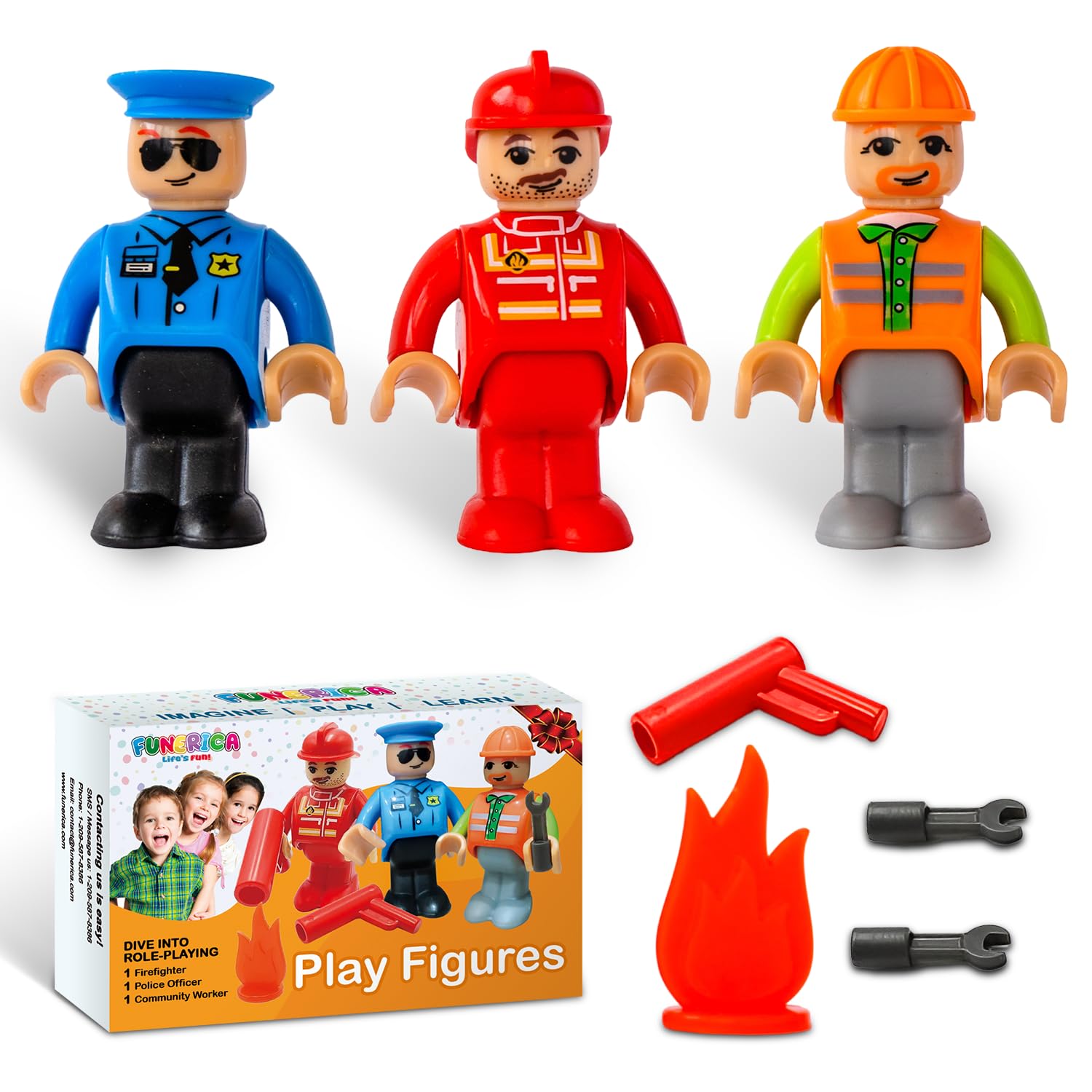 FUNERICA Toy Figures & Playsets - Firefighter, Police Officer, Construction Worker, with Parts - Play People Figures for Toddlers & Kids - Little People Toy Figurines