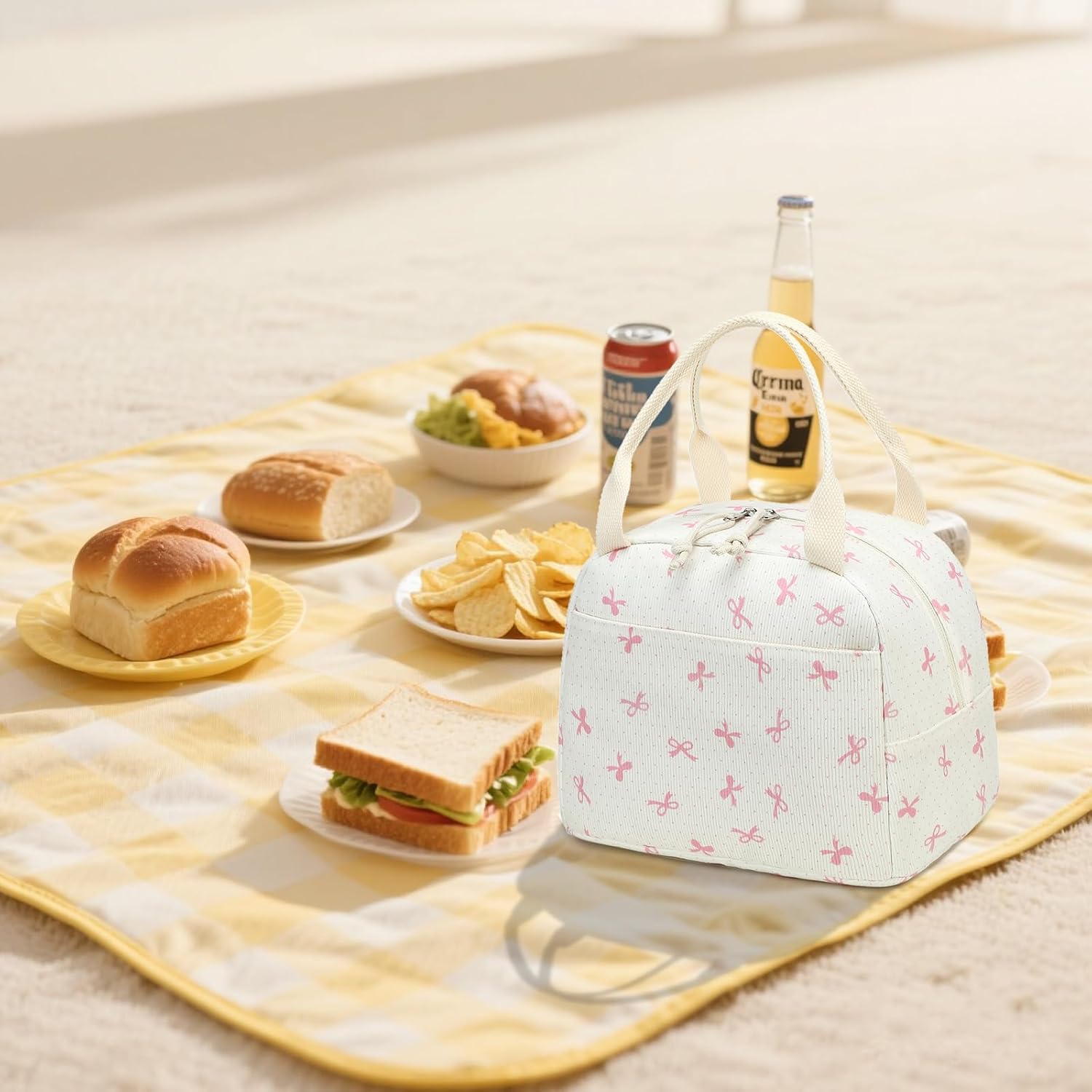 LEDAOU Lunch Box for Women Insulated Lunch Bag Corduroy Lunch Tote Bags Leakproof Cooler Lunch Case for Travel Work Picnic (Pink Bow) - Image 9