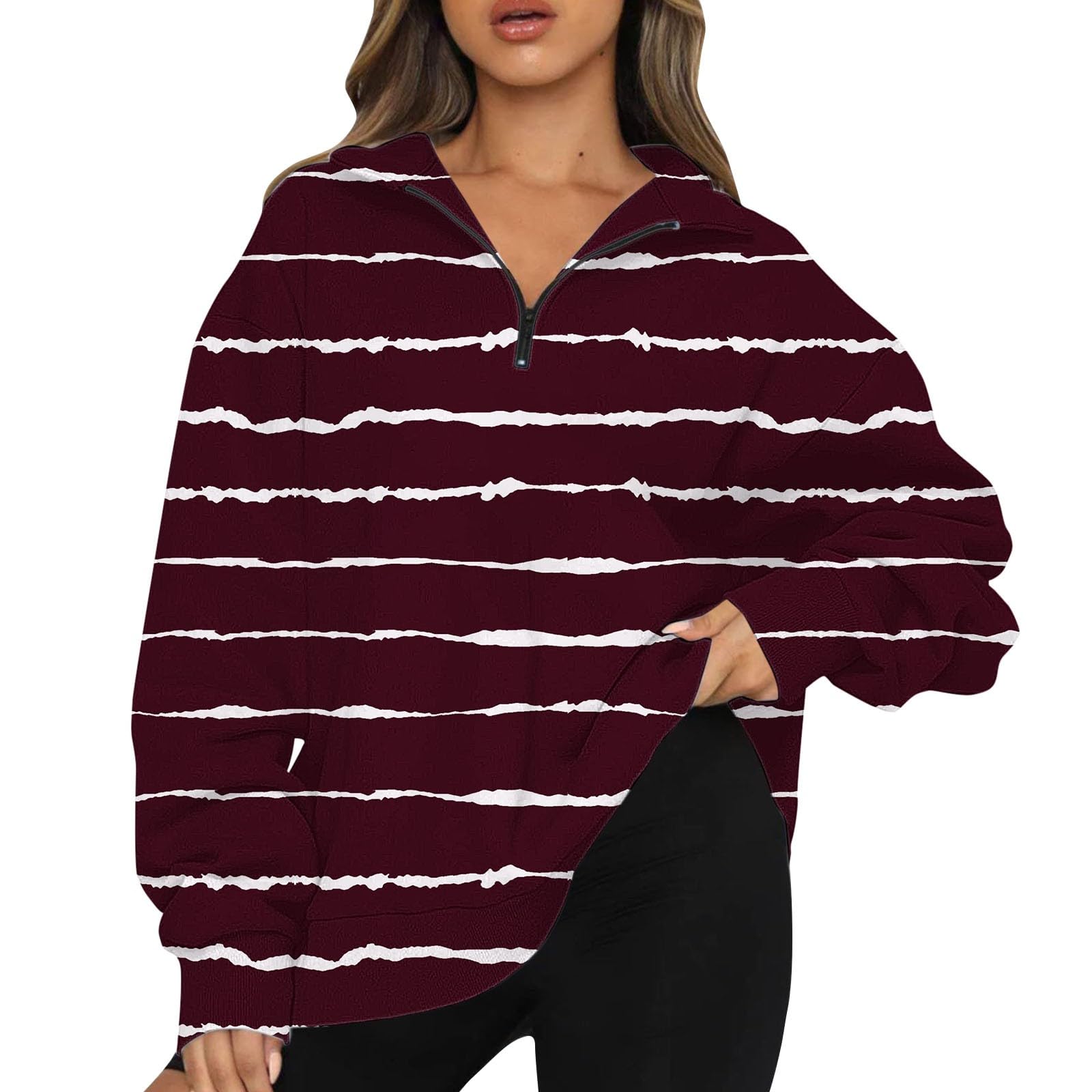 Ogiraw Womens Half Zip Up Pullover Sweatshirt Loose Fit Fall Fashion Casual Long Sleeve Stripe Tops Shirt Plus Size