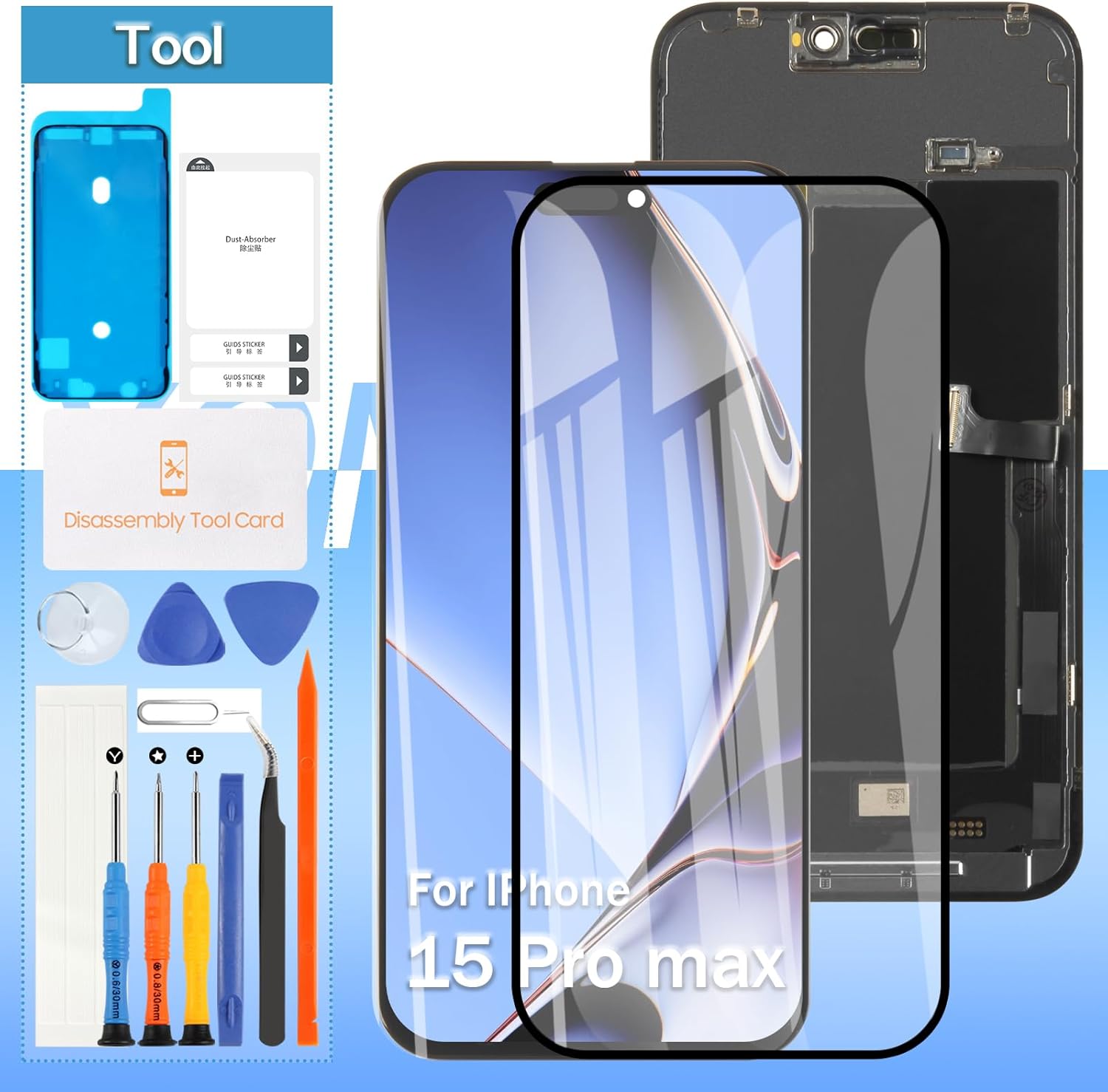 Yondista iPhone 15 Pro Max screen replacement kit with tools and tempered glass