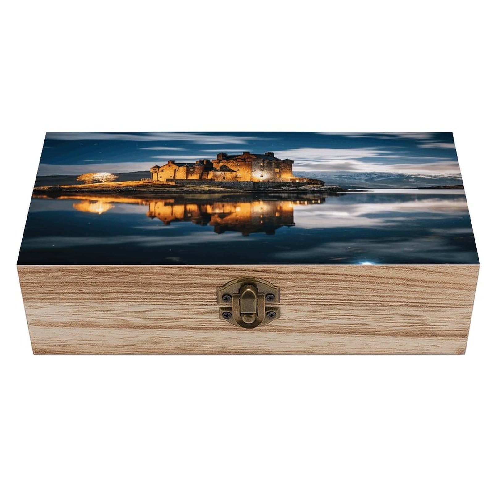 VstaDank A Castle by The Lake Wooden Storage Box Wooden Keepsake Box with A Hinged Lid Fashion Memory Treasure Boxes Decorative Jewelry Case for Crafts Photo Home Decor Wood Gift Box