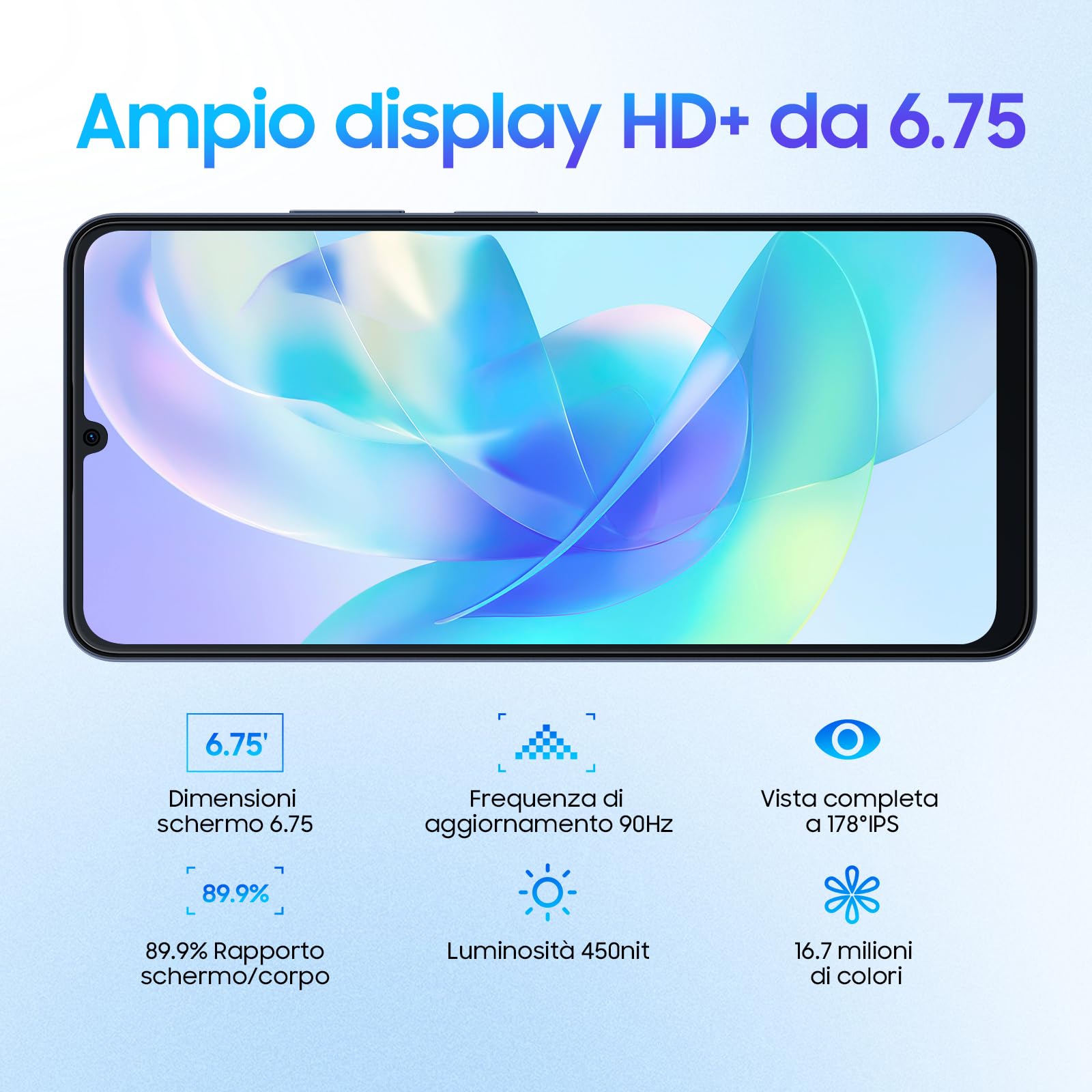 Blackview 2025 Telefono Cellulare 16GB + 128GB/2 TB TF, 6,75" 90 Hz/6000mAh, Smartphone 50MP Camera, 2,0 GHz, Octa core, 4G Dual SIM, Impronte Digitali/Face ID/3.5mm Jack/GPS/OTG/Gemini AI