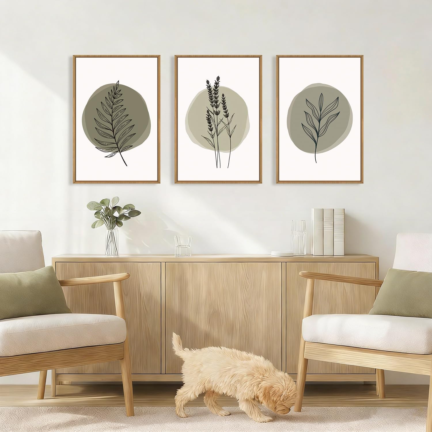 HOURIA Spring Sage Green Leaves Framed Canvas Wall Art Set,Minimalism Boho Leaf Wall Decor, Modern Nature Botanical Wall Painting,Mid Century Plant Art Prints for Living Room,Bedroom,Farmhouse-24"x36"x3 Sage Green Leaf Wall Art 24"L x 36"W