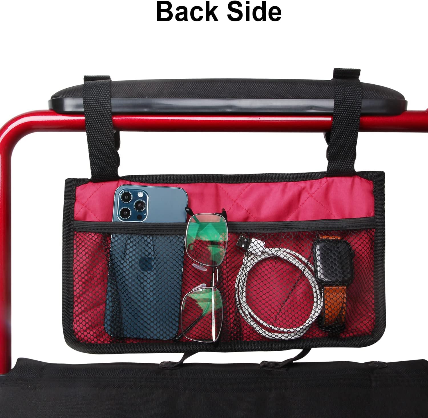 Wheelchair Side Organizer Storage Bag Armrest Pouch with Cup Hold and Reflective Strip, for Most Wheelchairs, Walkers or Rollators (Red) : Health & Household