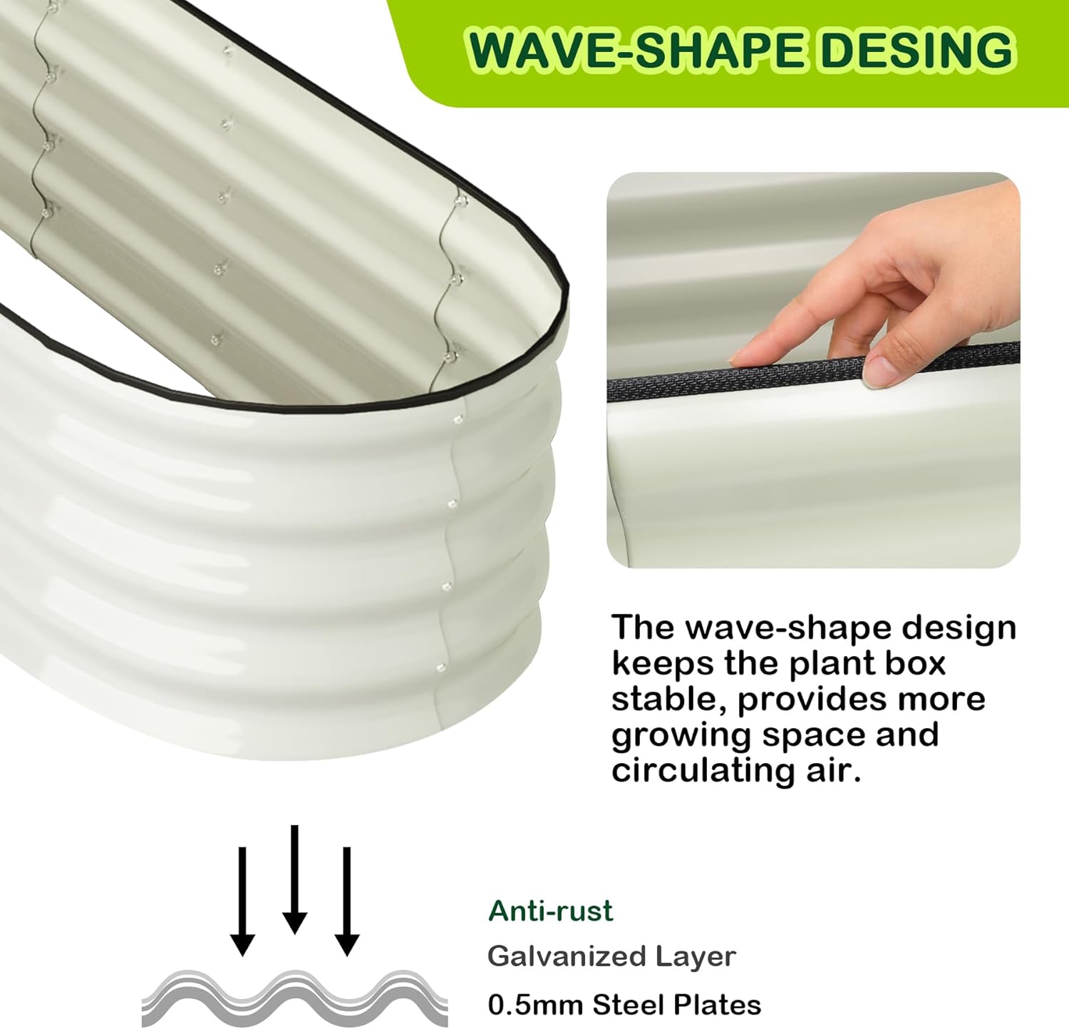 2 Pcs 4.5x2x1ft Galvanized Raised Garden Bed Outdoor,Planters for Outdoor Plants,Open-Ended Base Planter Raised Boxes,Oval Metal Planter Box for Vegetables, Flowers, Fruits,Rubber Edge, White