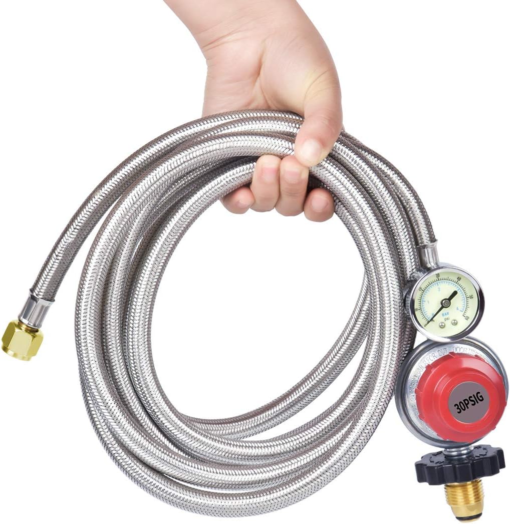Generep Adjustable Propane Tank Regulator 0-30 PSI,12 Foot High Pressurepropane Hose with Gauge/Indicator,More Durable Stainless Steel Braided Gas Hose and LP Gas Regulator(12 FT)