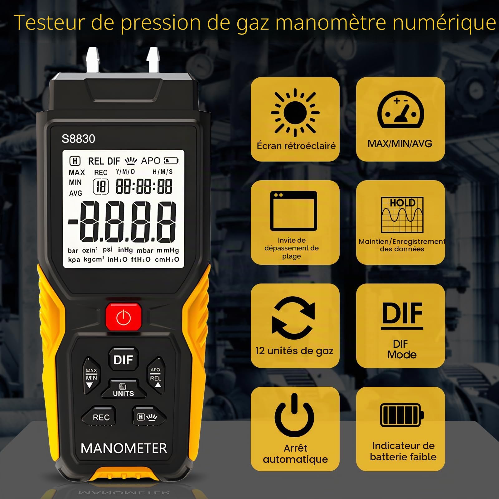 Manomètre Numérique Testeur de Pression Différentielle ± 36,80 KPa Résolution 0,1 12 Unités Jauge de Pression de Gaz HVAC Double Port avec Alarme de Surpression et Enregistrement des Données