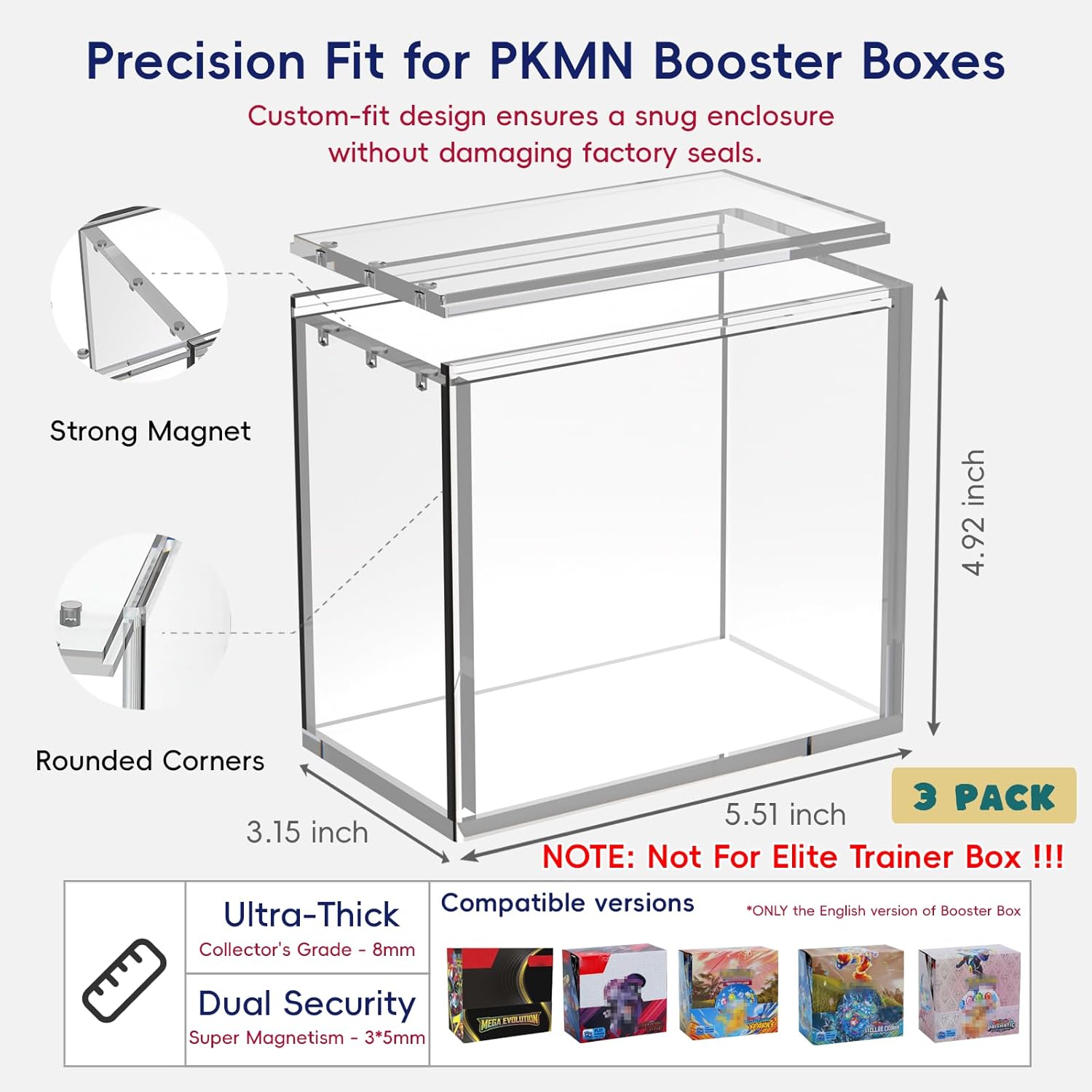 PKMN Booster Box Acrylic Case Protector(3 Pack)–Ultra Thick 6/8mm Clear Acrylic Display Box with Sliding Slot & 5mm Magnetic Lid,Rounded Edges,Collector Case Compatible with Trading Card Booster Boxes