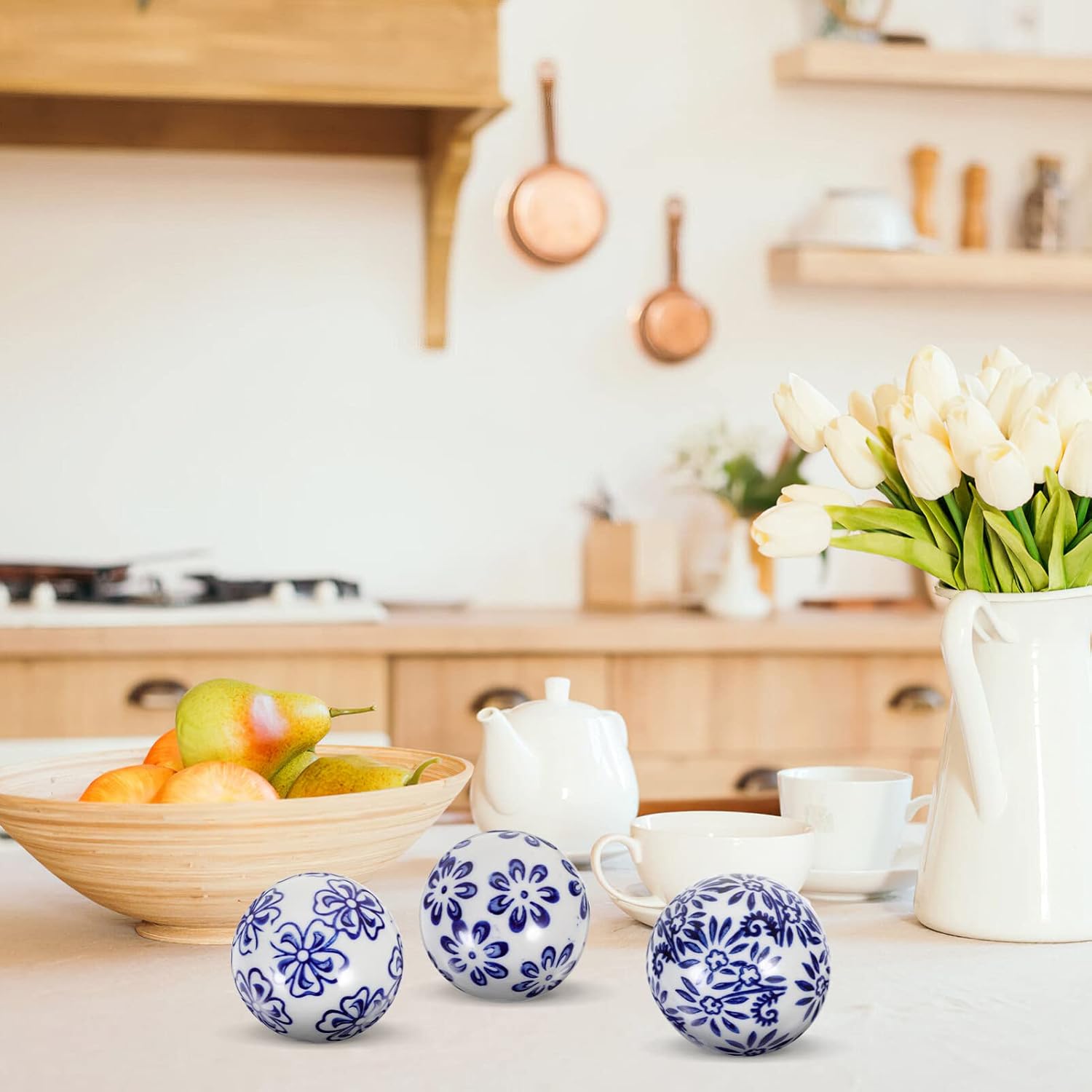 Blue and White Porcelain Balls Decorative Set of 3 Ceramic Orbs Chinoiserie Style Floating Spheres for Home D Cor Vase Fillers 2 Inch