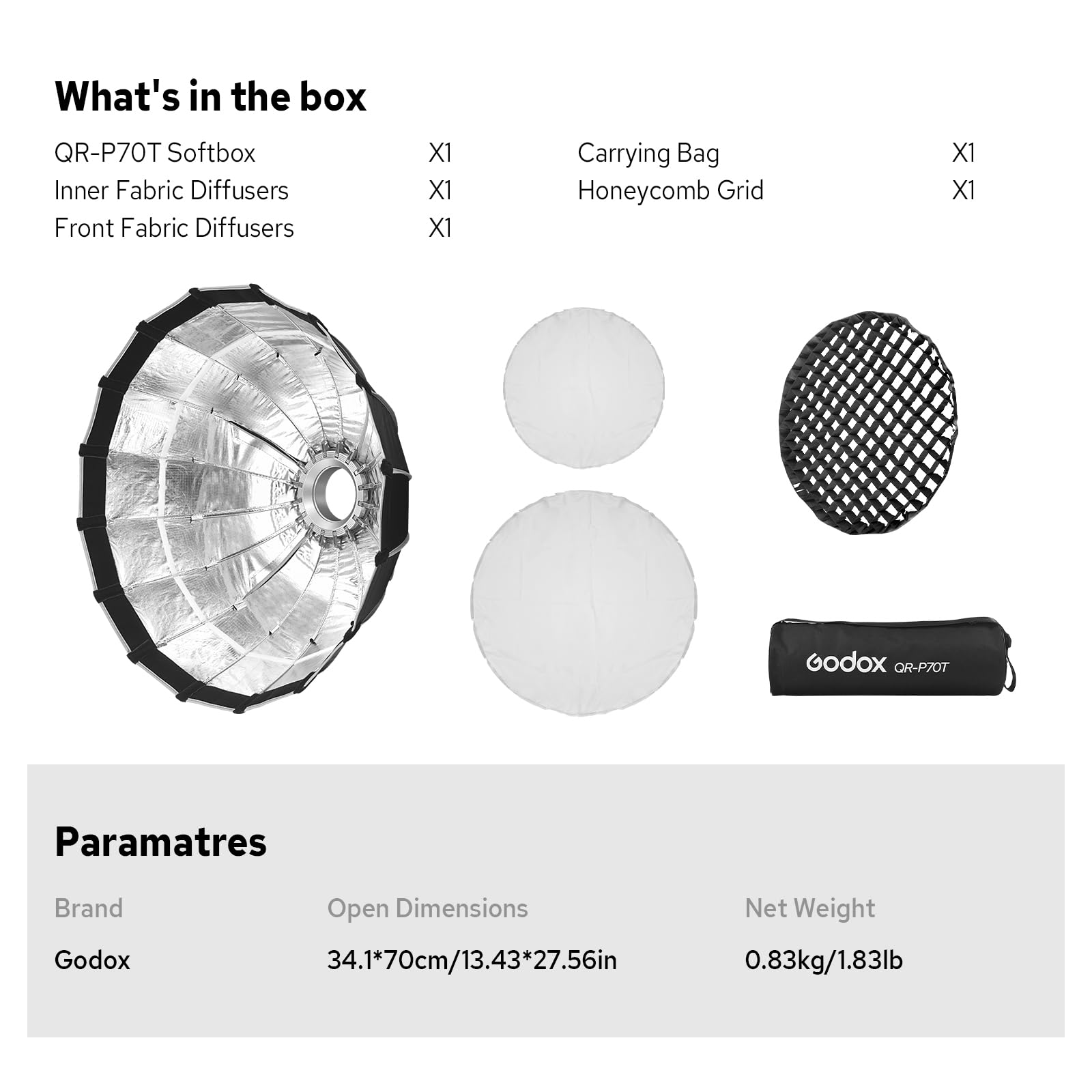 Godox QR-P70T 70 cm szybkie uwalnianie paraboliczny softbox z siatką o strukturze plastra miodu, softbox Bowens Mount z przednim i wewnętrznym dyfuzorem do Godox SL60W SL60IID SL100D LA150R LA300Bi
