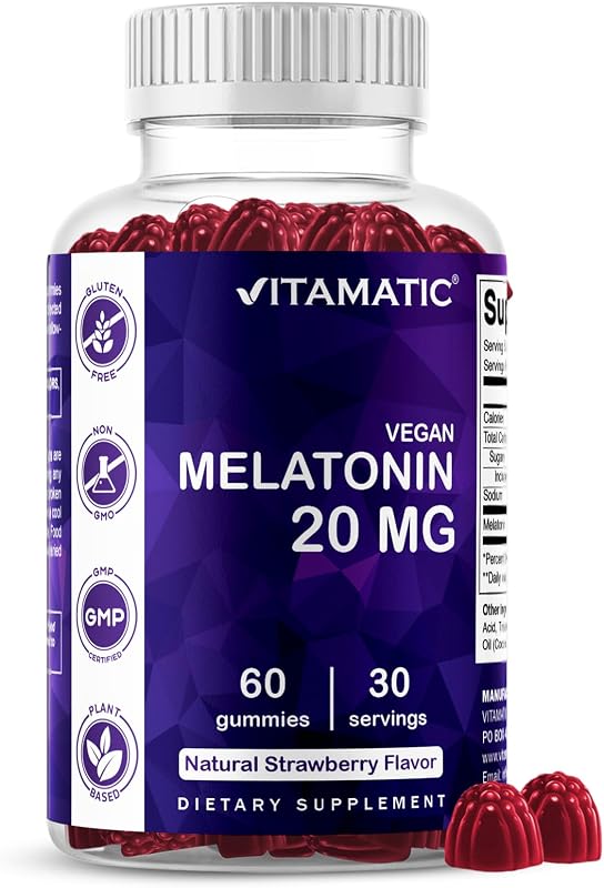 Melatonin 20 mg Gummies, Vegan, Strawberry, 60 Count | 20 mg Melatonin Per Serving, Promotes Relaxation & Sleep Support*, Plant-Based, Gluten Free, Non-GMO