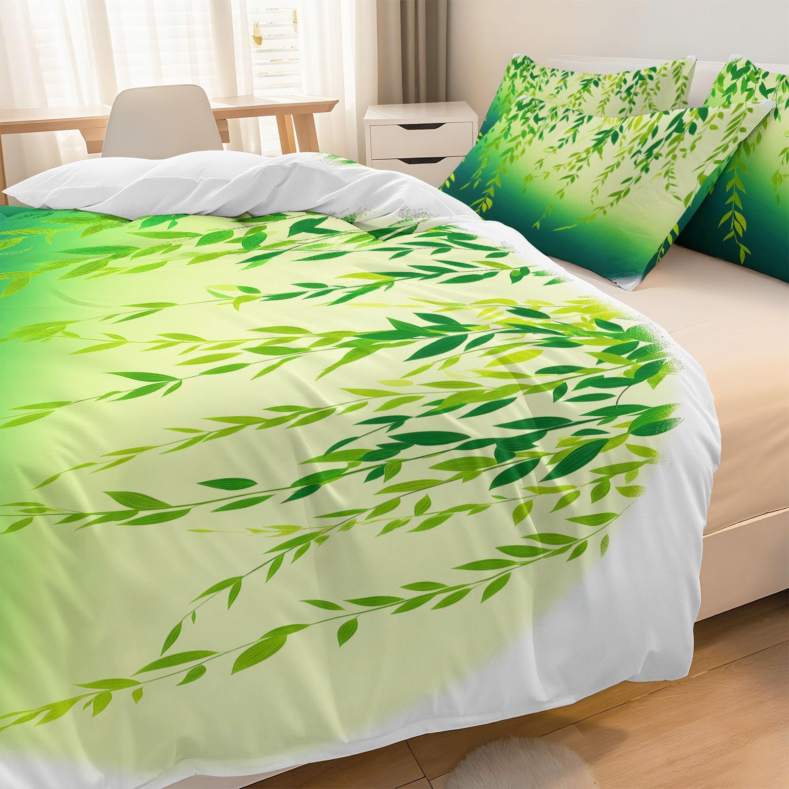 Komplet pościeli 200 x 200 cm, otoczenie wiejskie, rośliny, liście wierzby, dwustronna, poszewka na kołdrę z mikrofibry, poszewka na kołdrę i 1 poszewka na poduszkę 80 x 80 cm, z zamkiem błyskawicznym