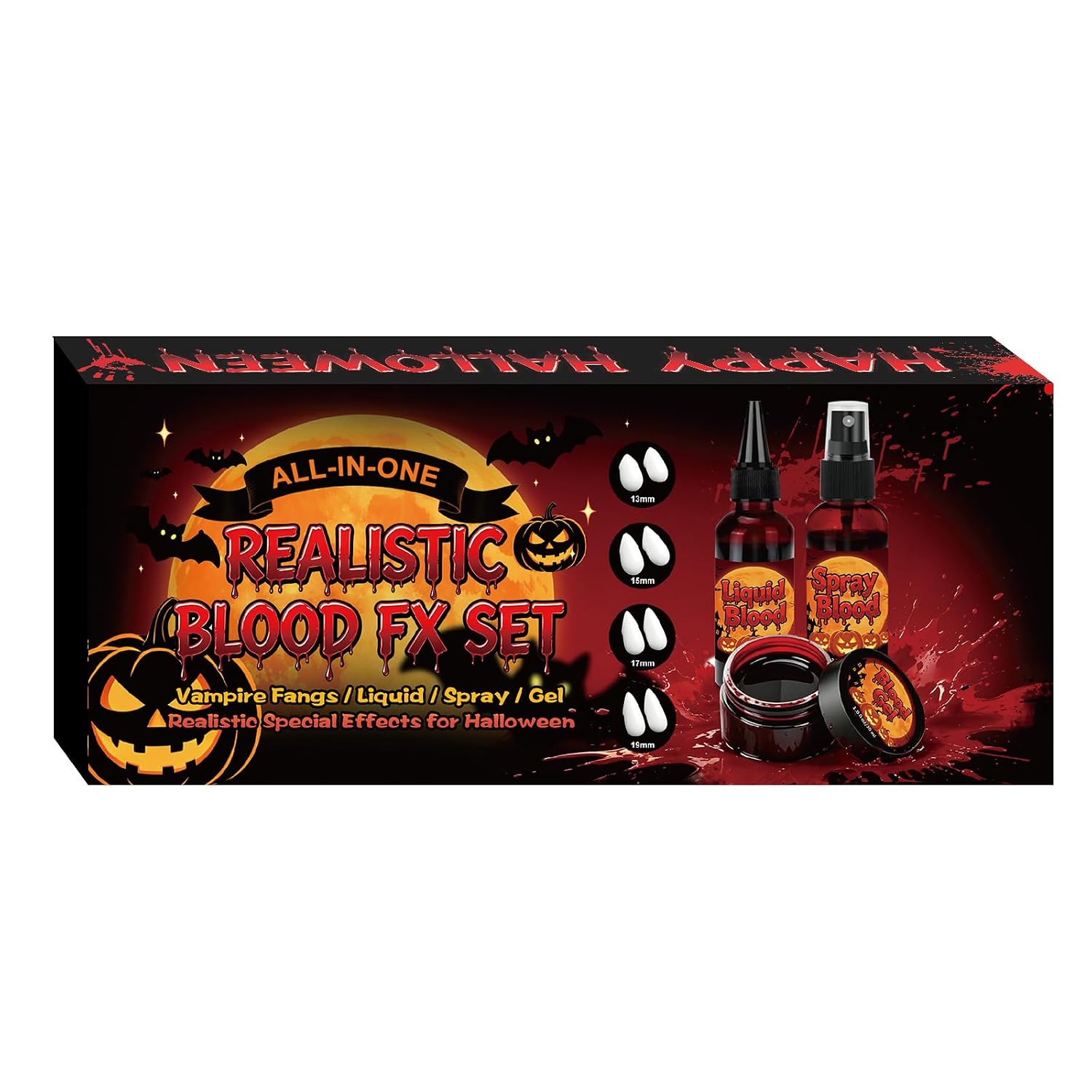 Vampire Blood & Fake Blood Kit – 4 Size Fake Teeth，1 Fake Blood Spray，1 Stage Blood,1 Coagulated Gel,1 Sponge, 1 Eyebrow Pencil & 1 Cleansing Soap – Ultimate Halloween Cosplay Makeup & SFX Set