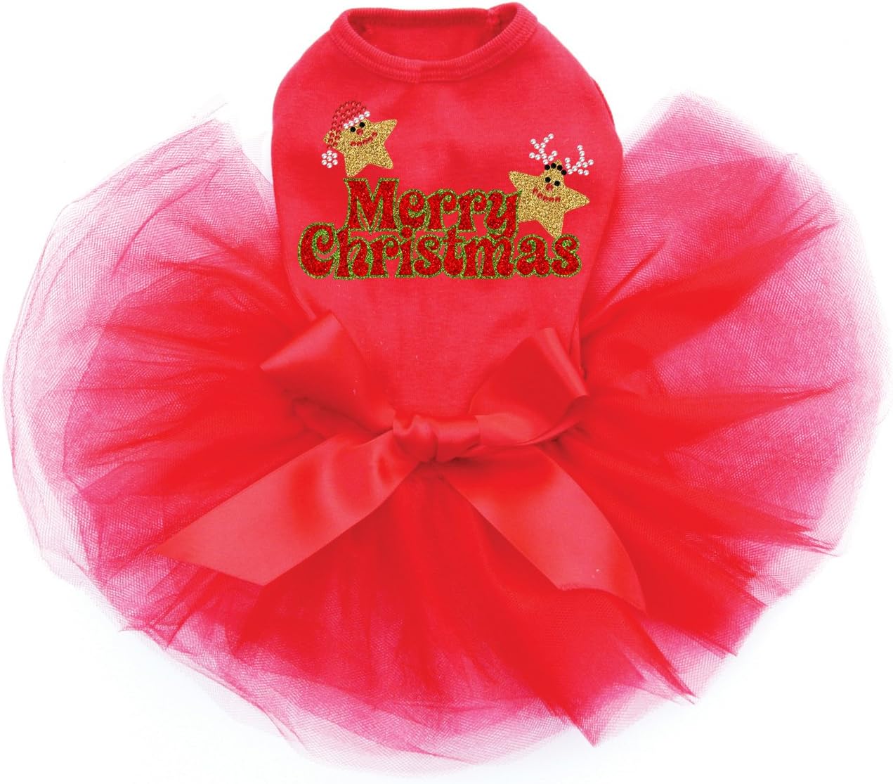 Merry Christmas Glitter Stars - Bling Rhinestone Christmas Dog Tutu Dress, S Red