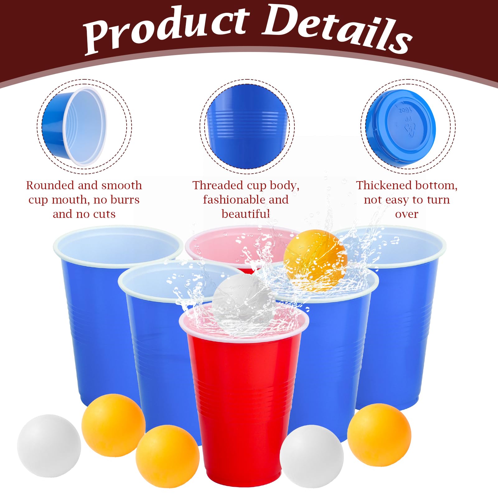 talifoca Set di bicchieri da birra per pong, con 50 bicchieri (500 ml) e 12 palline da ping pong, bicchieri riutilizzabili per feste, compleanni, festival, matrimoni e campeggio