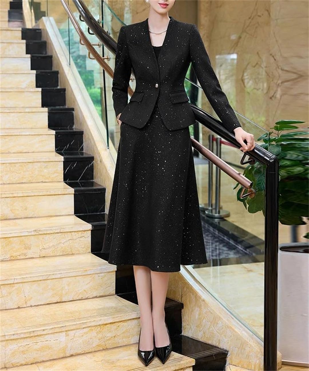 Women's V Neck Long Sleeve Single Button Coat and A Line Mid Calf Skirt Two Piece Set Professional Clothing