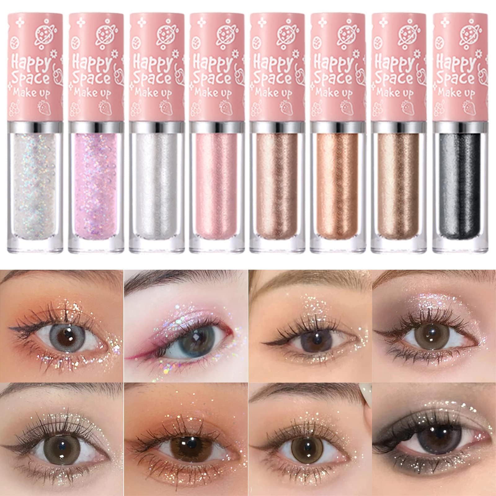 SYOSILiquid Glitter Eyeshadow Set Quick Drying Long Lasting Metallic Liquid Eyeshadow High Pigmented Lightweight Glitter Glue for Creates Sparkly Crystals Eye Makeup 8PCS
