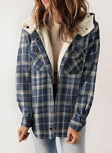 Miniatura 7 de Dokotoo - Chaqueta para mujer, manga larga, con botones y capucha, de vellón, cálida, a cuadros