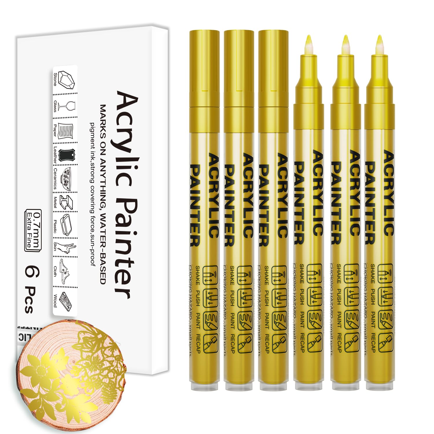 Alitastro Acrylic Paint Pens Waterproof Markers 6 Gold Permanent Marker Pens Acrylic Pens for Rock Painting Glass Stone Ceramic Metal Fabric Pebble Painting pens Craft Supplies