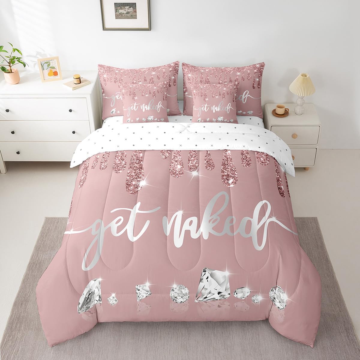 Feelyou Get Naked Comforter Full 7 Pcs Silver Glitter Luxury Diamond Bedding Set Rhinestone Crystal Dark Pink Modern Art Bed in a Bag with Comforter, Sheets, Pillowcases & Cushion Cover(No Glitter)
