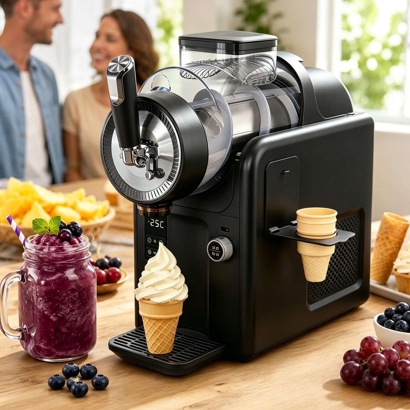 Slushy Machine for Home, 2L Slushie Machine & Soft Serve Ice Cream Maker, Compact Ice Cream Machine with Automatic Cleaning, 5 Presets, Adjustable Temperature for Slushies, Milkshakes Black