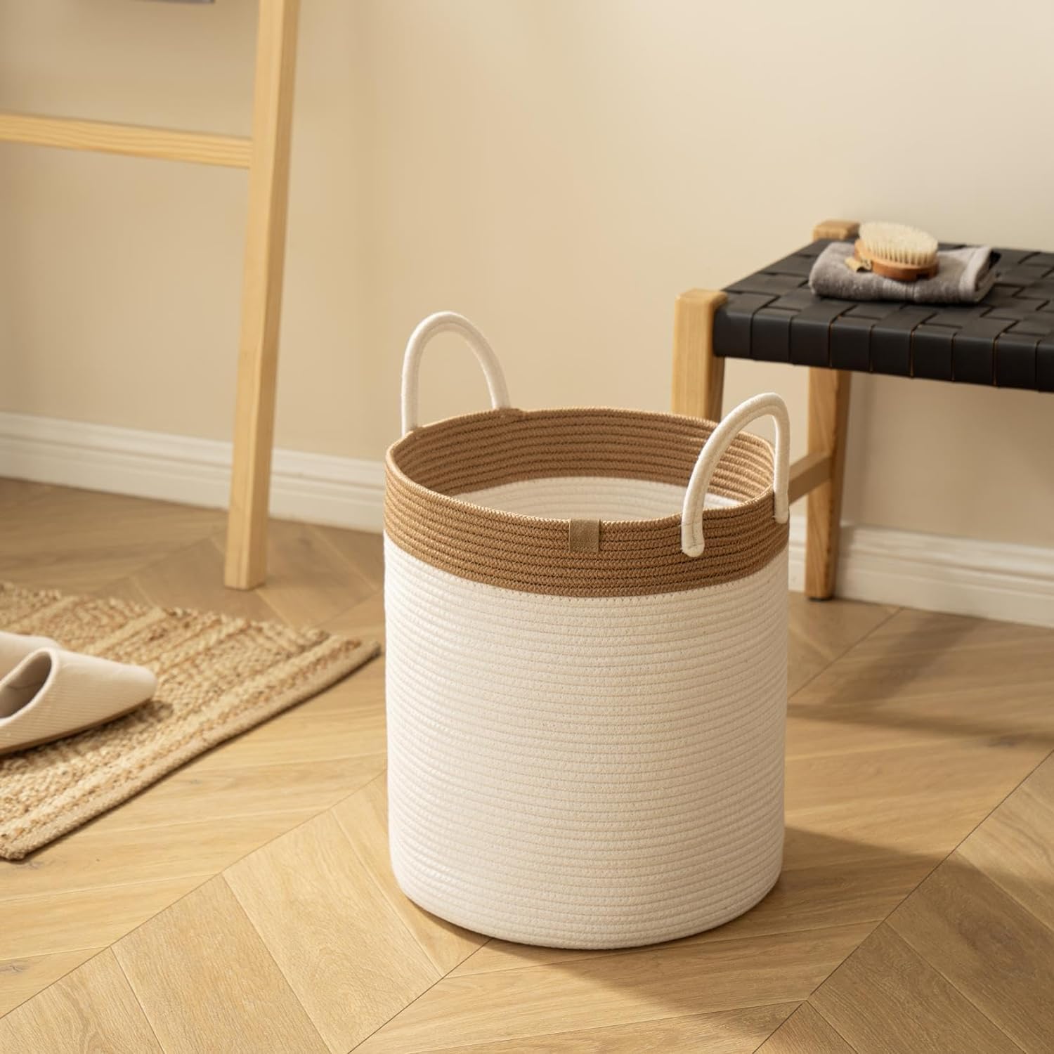 Foldable Cotton Rope Laundry Basket | Handwoven Round Storage Hamper with Handles | Dual-Tone Woven Organizer for Bedroom, Bathroom, Nursery & Living Room | Medium (14x16 inch)-image-14