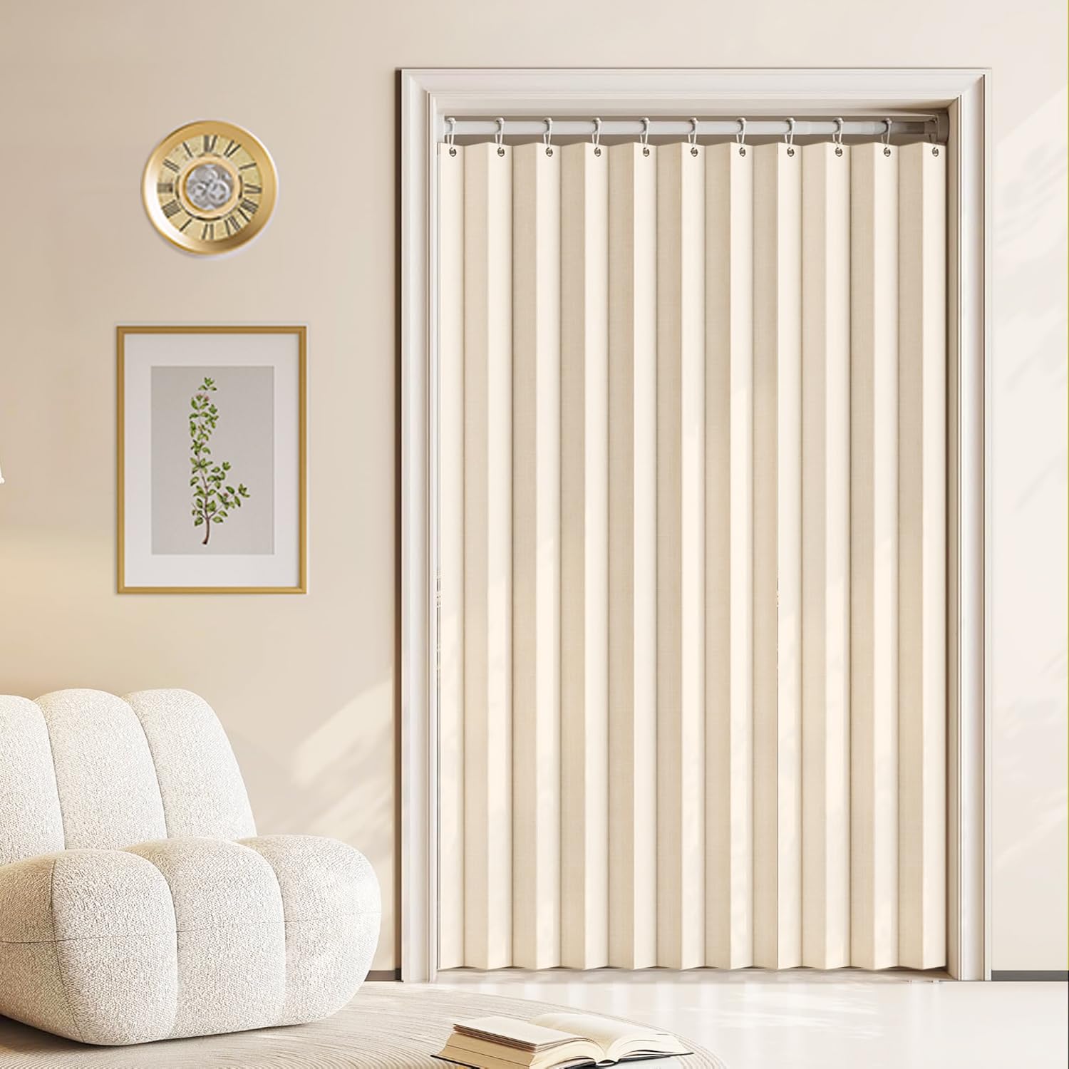 Cortina magnética Plegable con Ganchos, Ideal para cocinas, Interiores, Salones y dormitorios.-Beige- W180xH200cm