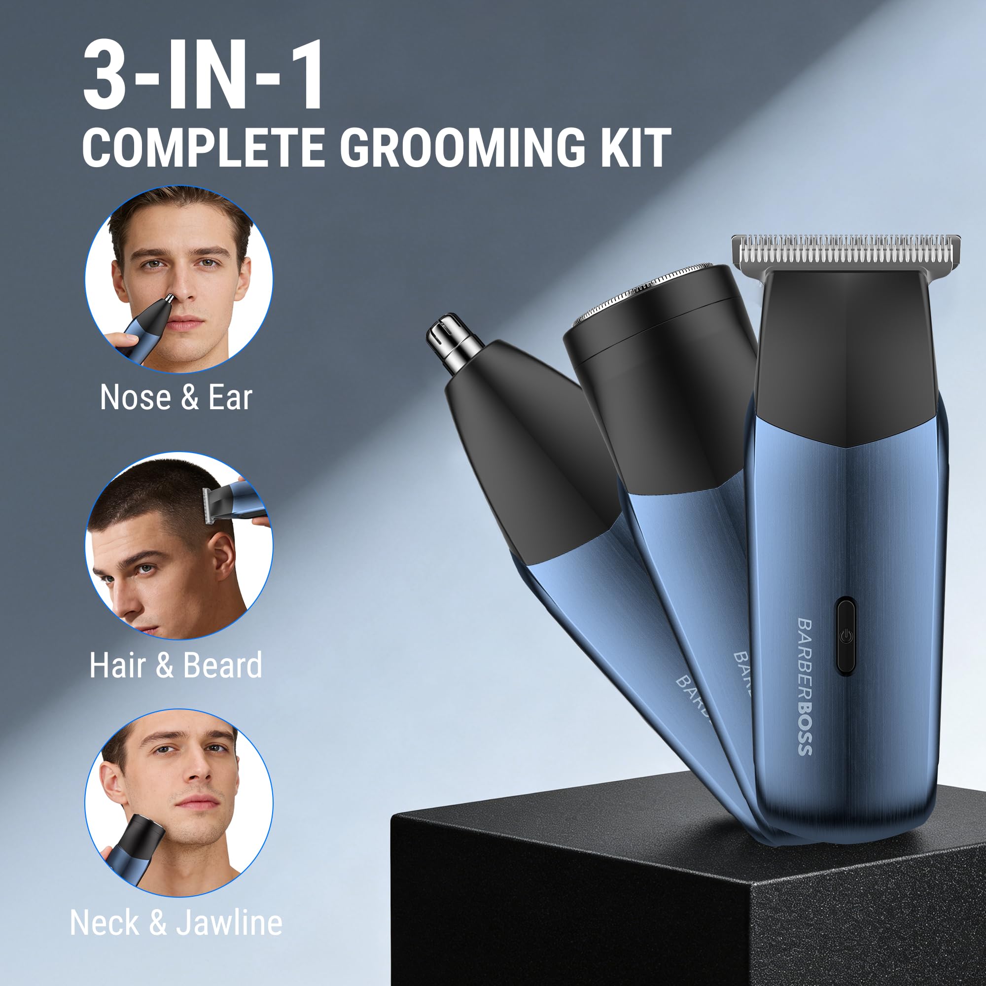 BarberBoss Rasoir électrique 3 en 1 pour homme, kit de tondeuse de voyage pour homme, tondeuse à barbe et à cheveux, tondeuse nez et oreille (Bleu Marine Métallisé)