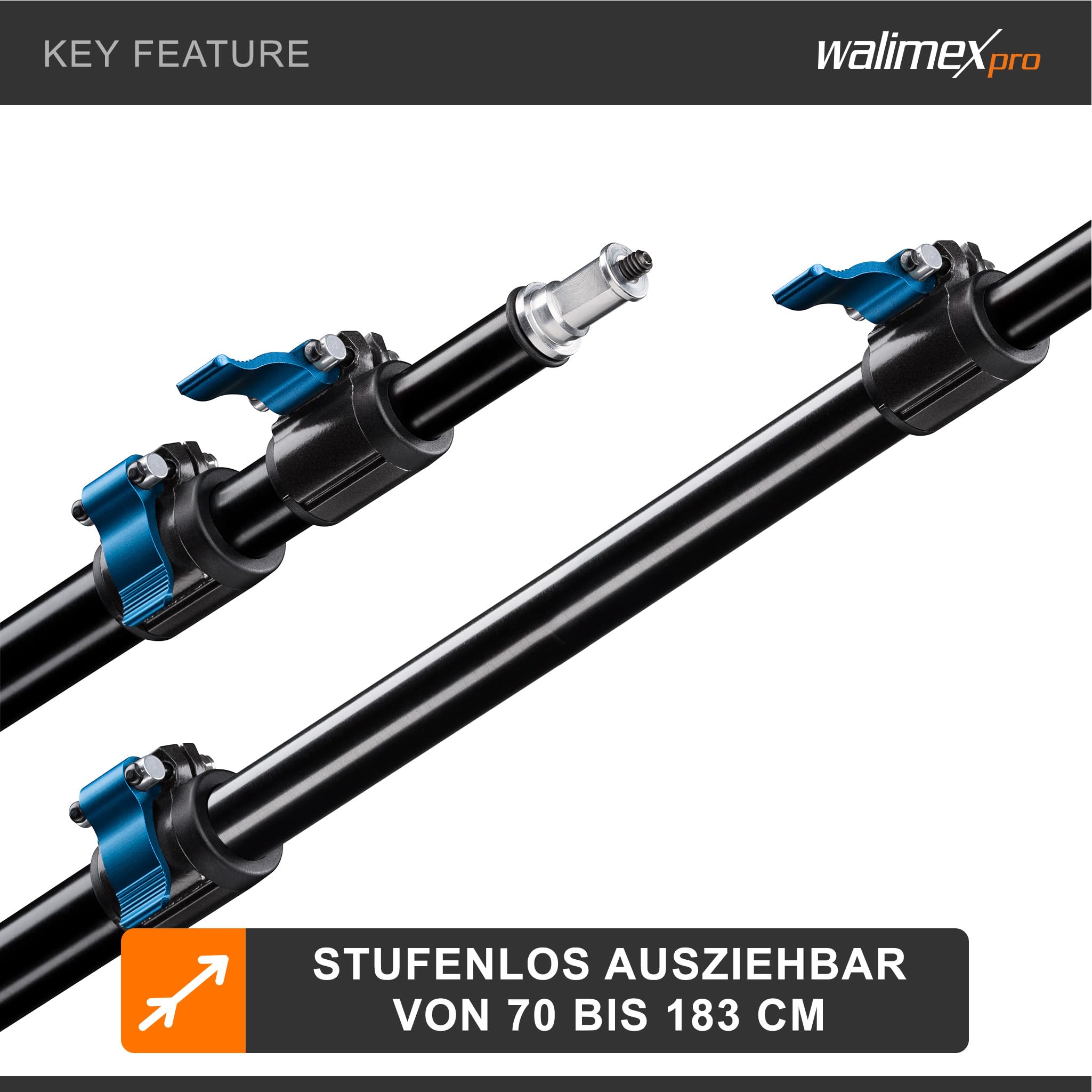 Walimex pro Galgen für Lampenstativ ausziehbar 70 bis 183 cm, Boom Arm neiggbar und bis 5 kg belastbar, 5/8 Zoll Spigot, Auslegearm ideal für Softboxen, Reflektoren, Schirme oder Mikrofone