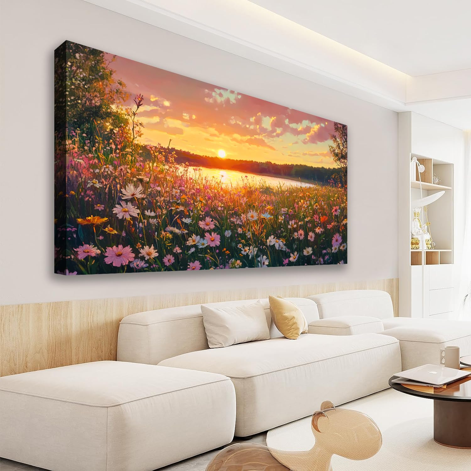 BQVCT Canvas Wall Art for Bedroom Sunset Wildflower Meadow Lake Landscape Nature Photography Print for Living Room Wall Decor Artwork Office Home Decoration 30 x 60 inch
