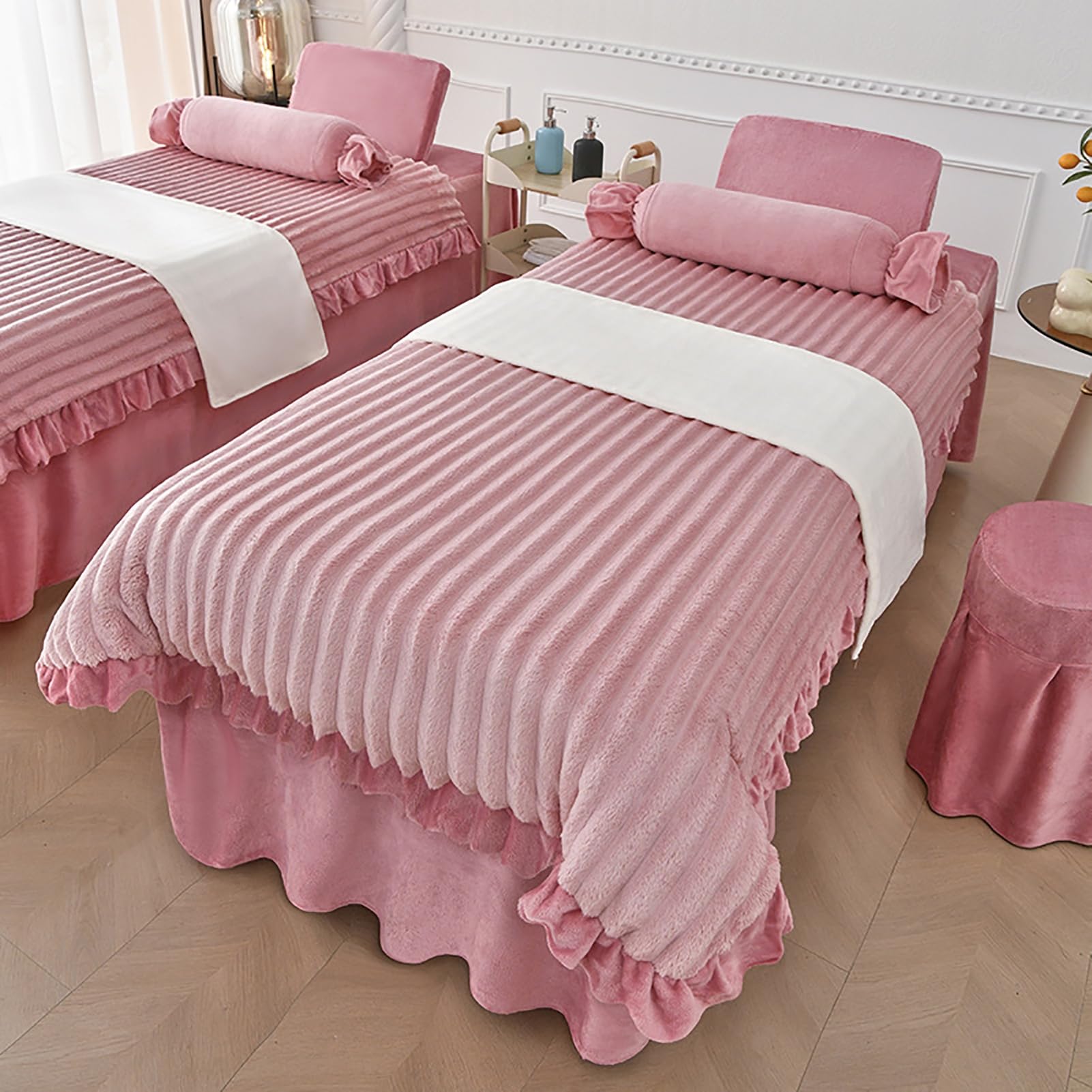 Massage Bed Skirt Spa Bed Cover with Elastic Band Breathable Massage Table Skirt with Face Hole,Salon Bedspread & Skirt,4Pcs Beauty Salon Bedding Set,pink,70x185cm(28x73inch)